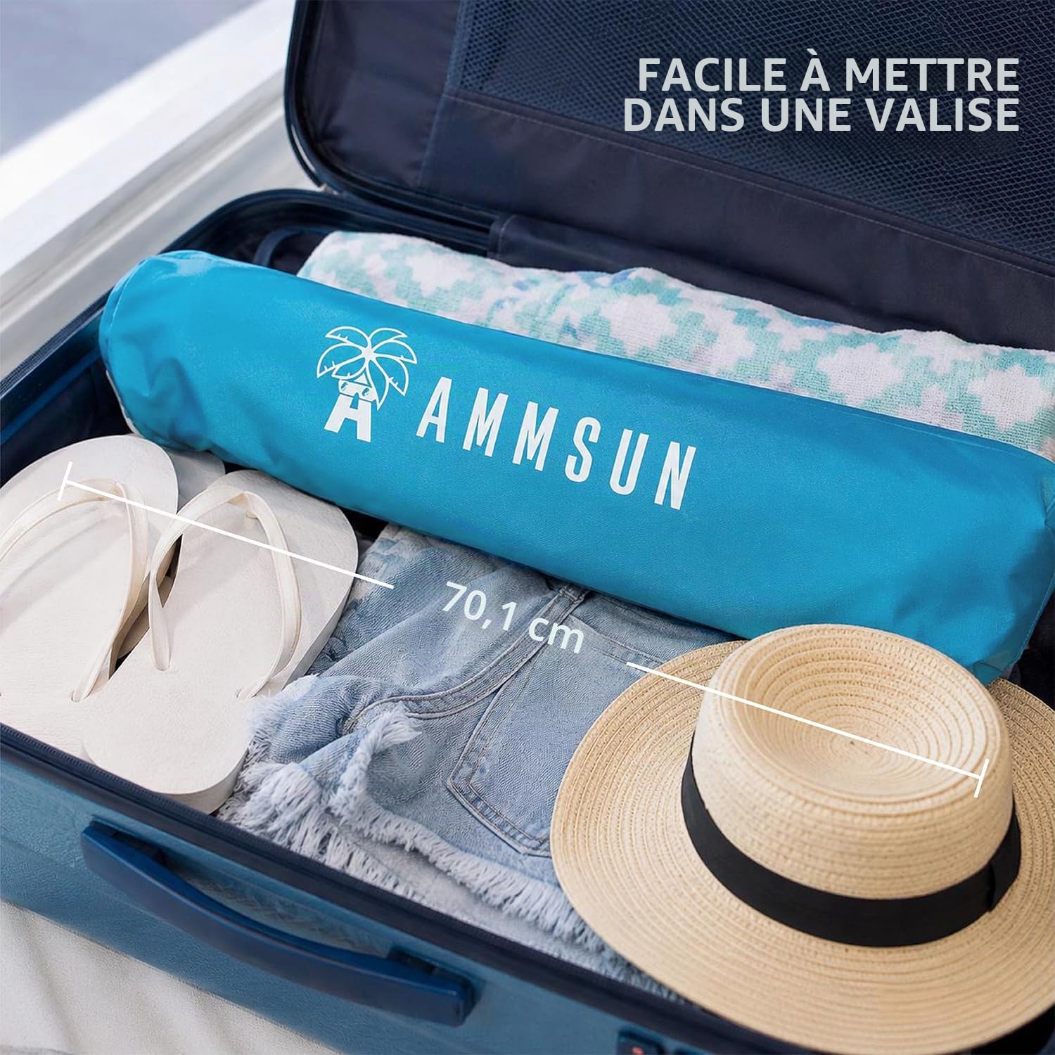 AMMSUN Parasol de plage portable compact de 2 m avec ancre de sable, coupe-vent, bouton poussoir d'inclinaison et grille d'aération, protection UV 50+, tient dans une grande valise pour voyage,