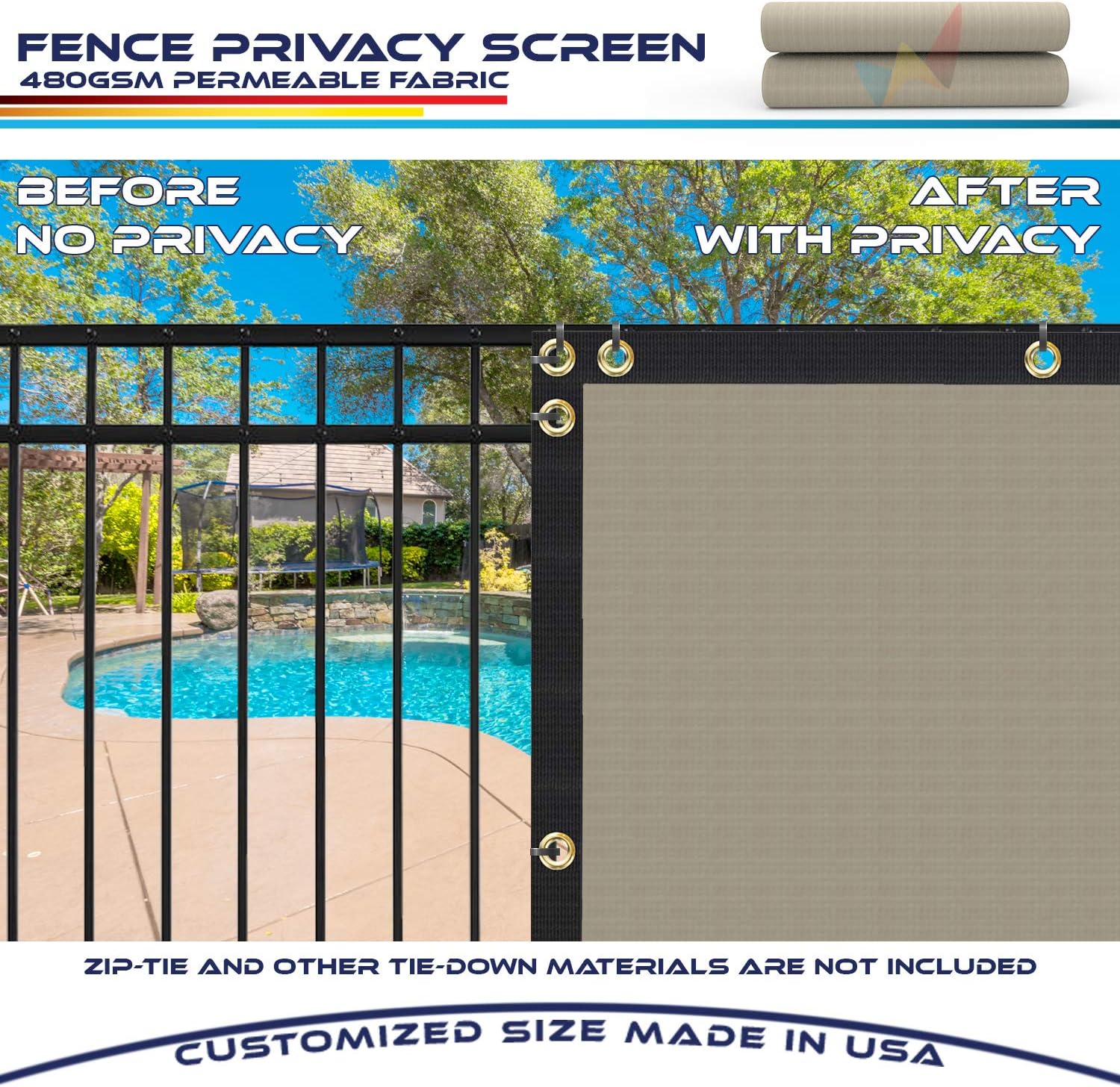 Windscreen4less 6' x 150' Solid Beige Fence Privacy Screen Commercial-Grade Solid Vinyl 100% Privacy Blockage (480GSM) for Wall Garden Yard Backyard