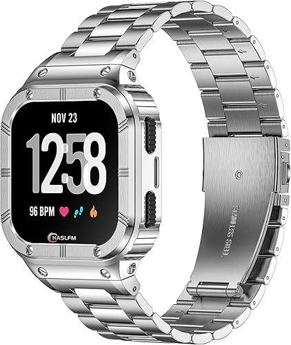 Correa de acero inoxidable con funda compatible con Fitbit Versa 4321, Fitbit Versa LiteFitbit Sense 21, correa de metal resistente con funda