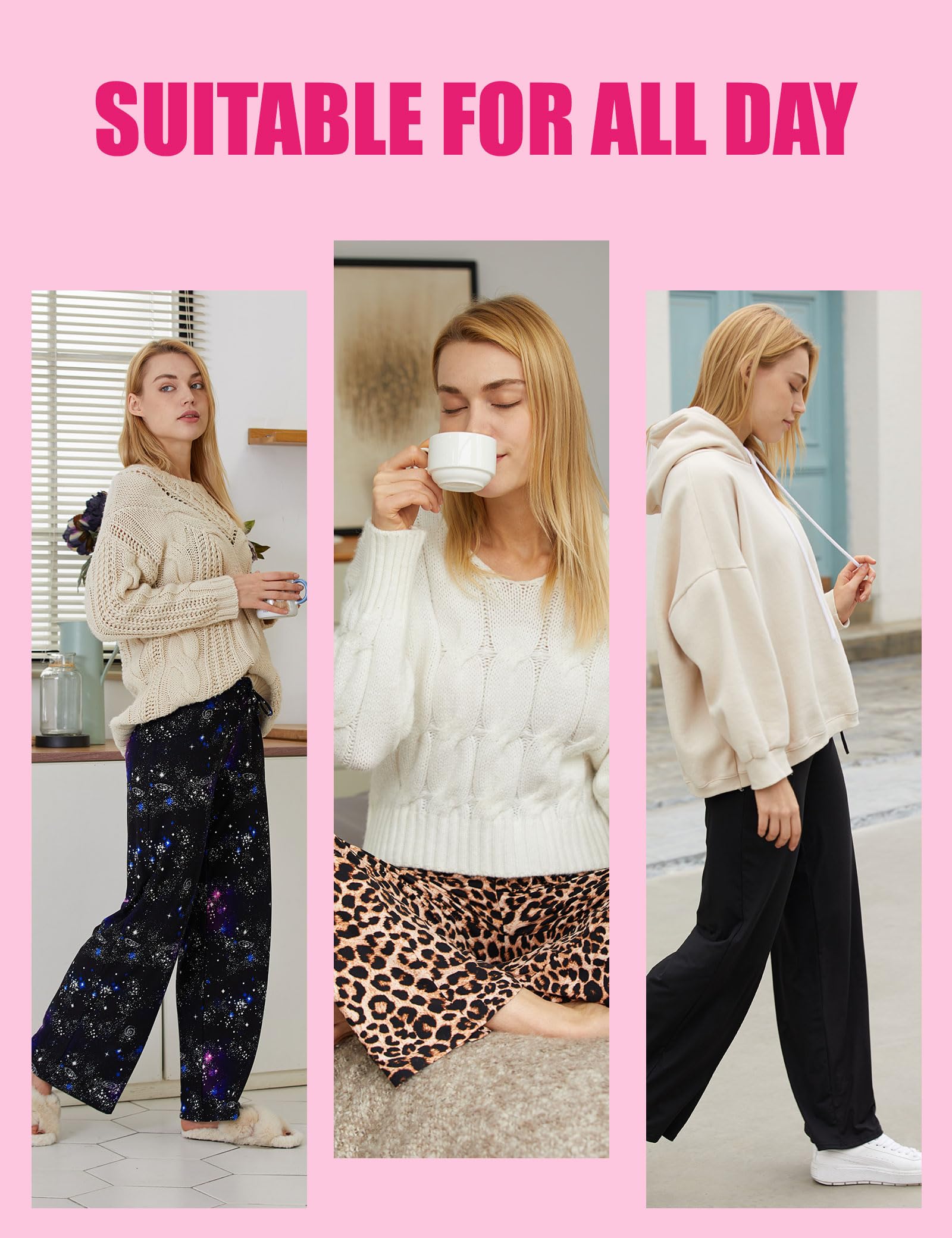 Showitty 1/3 Pack Women's Wide Leg Pants with Pockets, Casual Loose Pajama Palazzo Trousers Sweatpants for Yoga Lounge