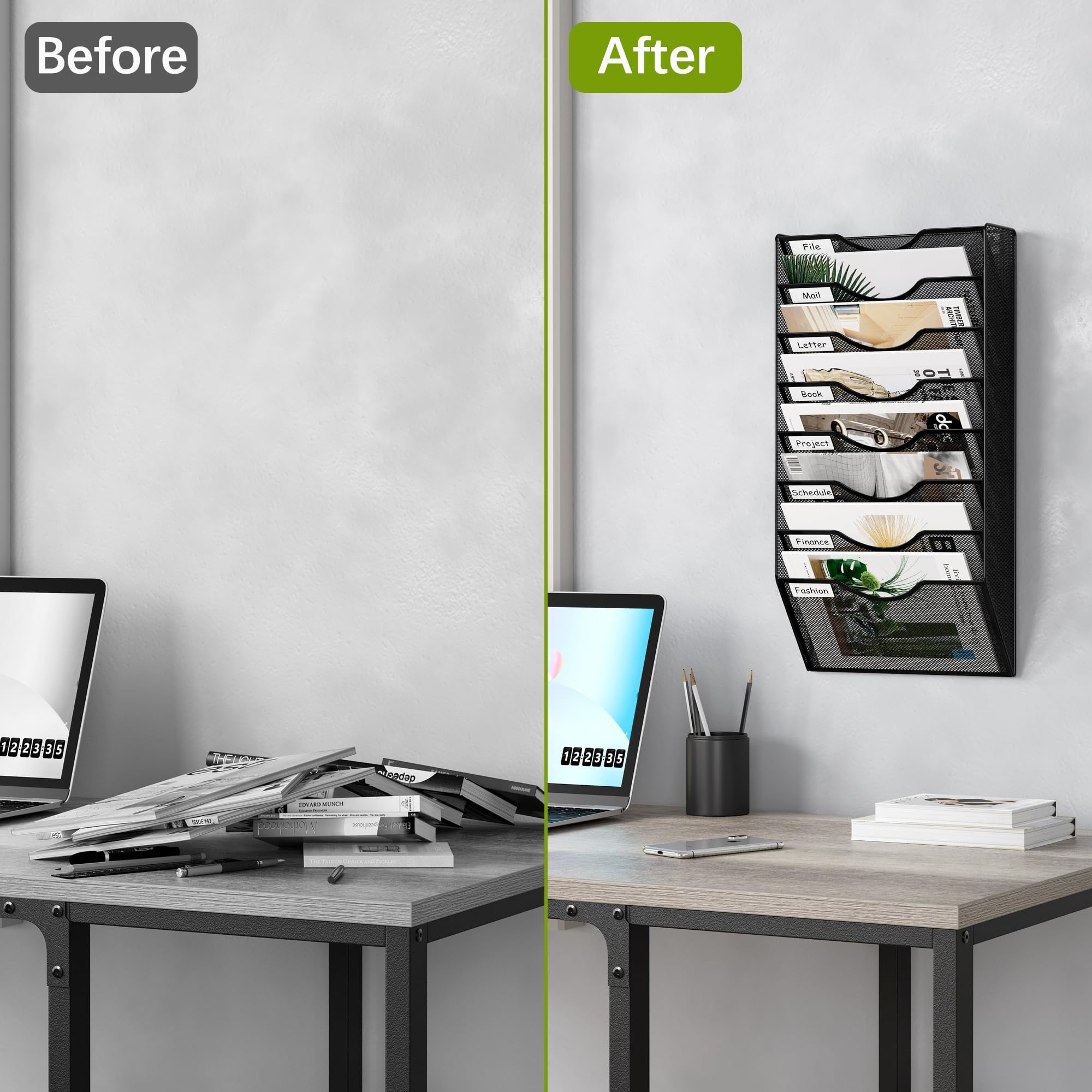 Easypag - Soporte de pared para archivos, organizador de revistas de metal para colgar 8 niveles, color negro