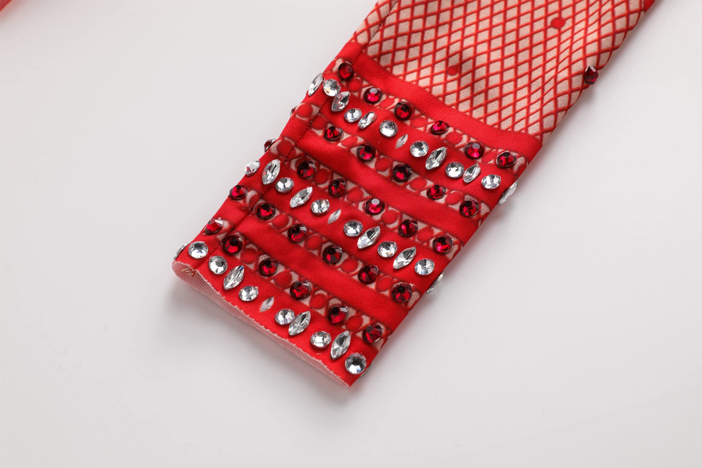 Roter Strass-Body, Tanzkostüm, für Damen, atemberaubend, langärmelig, Drag Queen-Outfit, sexy Club-Nachthemd-Jumpsuits