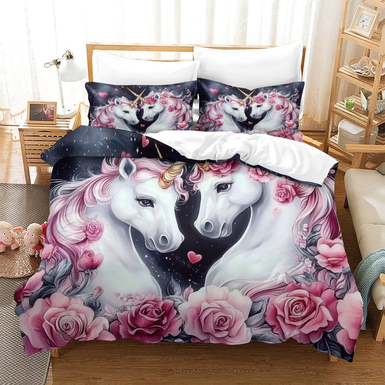 Einhorn-Pärchen 3D-Druck 3er-Set Kuschelbezug Romantischer Fantasy Bettbezug Mikrofaser Reißverschluss Atmungsaktiv für Kleinkinder Kinder Erwachsene King（220x240cm）