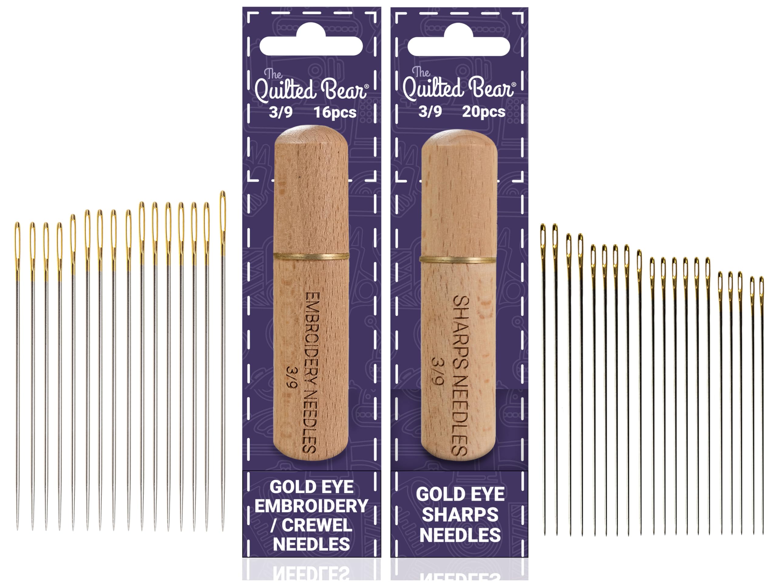 The Quilted Bear Gold Eye Crewel & Sharps Sewing Needle Bundle - 16 Crewel Needles for Embroidery & 20 Sharps Hand Sewing Needles Both in a Premium Engraved Wooden Case for Embroidery & Hand Sewing