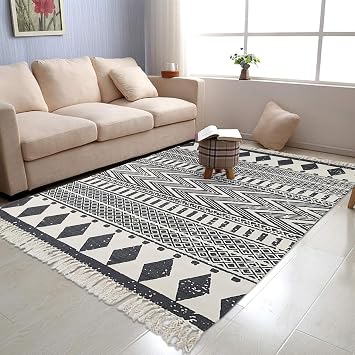 USTIDE Black & Cream Living Room Rug, Boho Runner Farmhouse Retro Shag Rag Rugs Large Natural Cotton Accent Area Rug Washable 4ftx6ft, Black&White