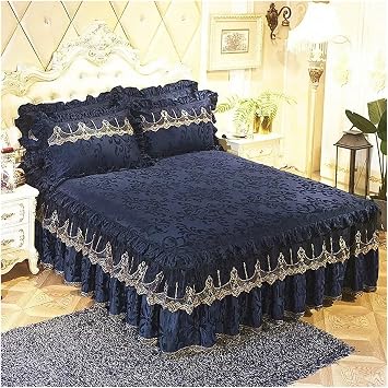 Bed Skirt 3 Pcs Bedspread On The Bed Luxury Lace Bed Skirt Thicken Beautiful Bed Linen Bedding Sheets Home Bedspreads Queen/King Size BedskirtDeep Blue,3pcs 180x200cm