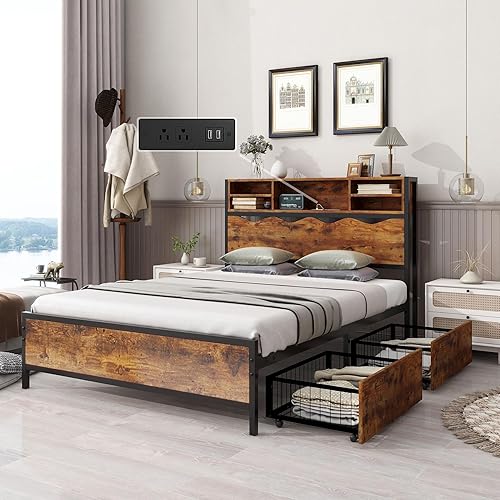 Miniatura 1 de Base de cama matrimonial con 2 cajones debajo, cabecera de almacenamiento de 3 niveles y estación de carga, cama de plataforma de metal de madera