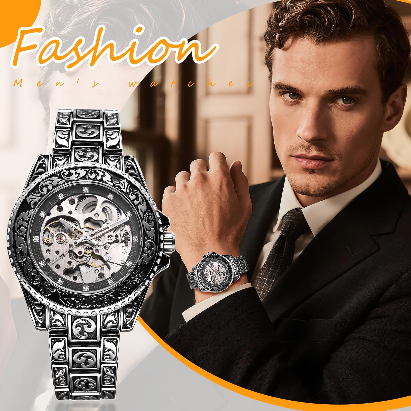 JewelryWe Zegarek męski w stylu vintage, szkielet, zegarek automatyczny: antyczny srebrny, 36 godzin rezerwy biegów, automatyczny, mechaniczny, zegarek na rękę, stal nierdzewna, automatyczny zegarek