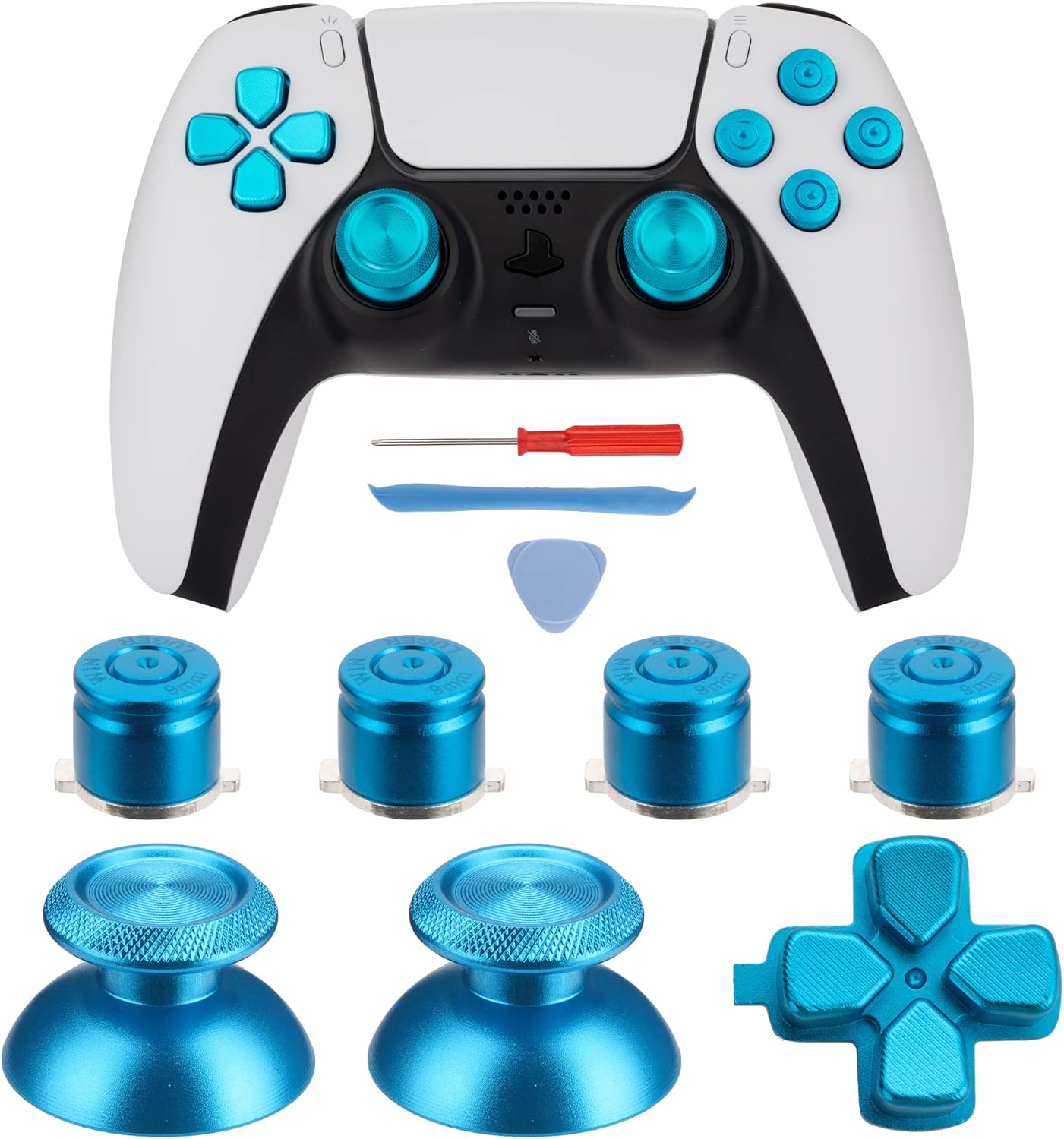 Metal ABXY Buttons Dpad Thumbsticks for PS5 Controller, Metal Aluminum Action Buttons & Dpad & Analog Stick Replacement Kit for PS5 Controller (Metal Blue)