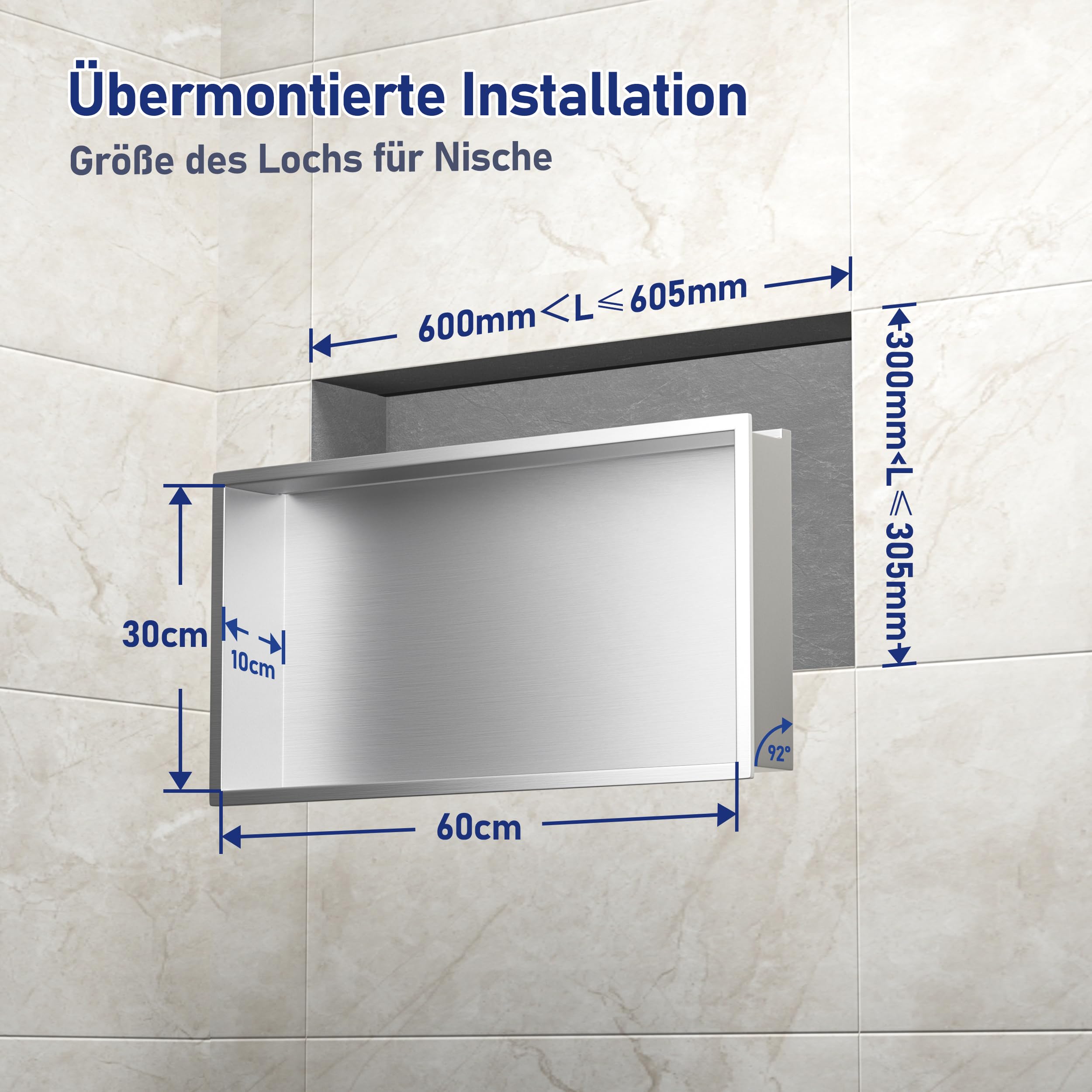 Nicho de ducha de acero inoxidable (600 x 300 mm) cepillado con luz LED, impermeable, sin necesidad de azulejos, hueco en la pared para almacenamiento en el baño mediante instalación de