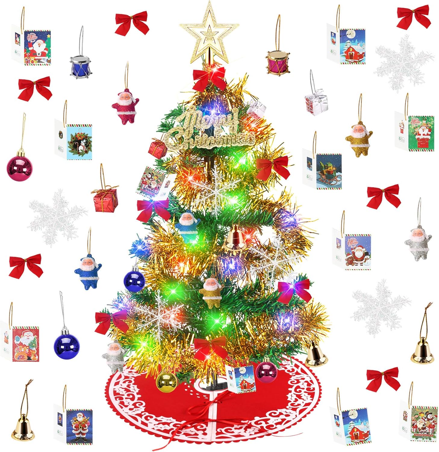 Yodeace Mini Christmas Tree, 2ft Small Christmas Tree with Christmas Tree Skirt and 30pcs