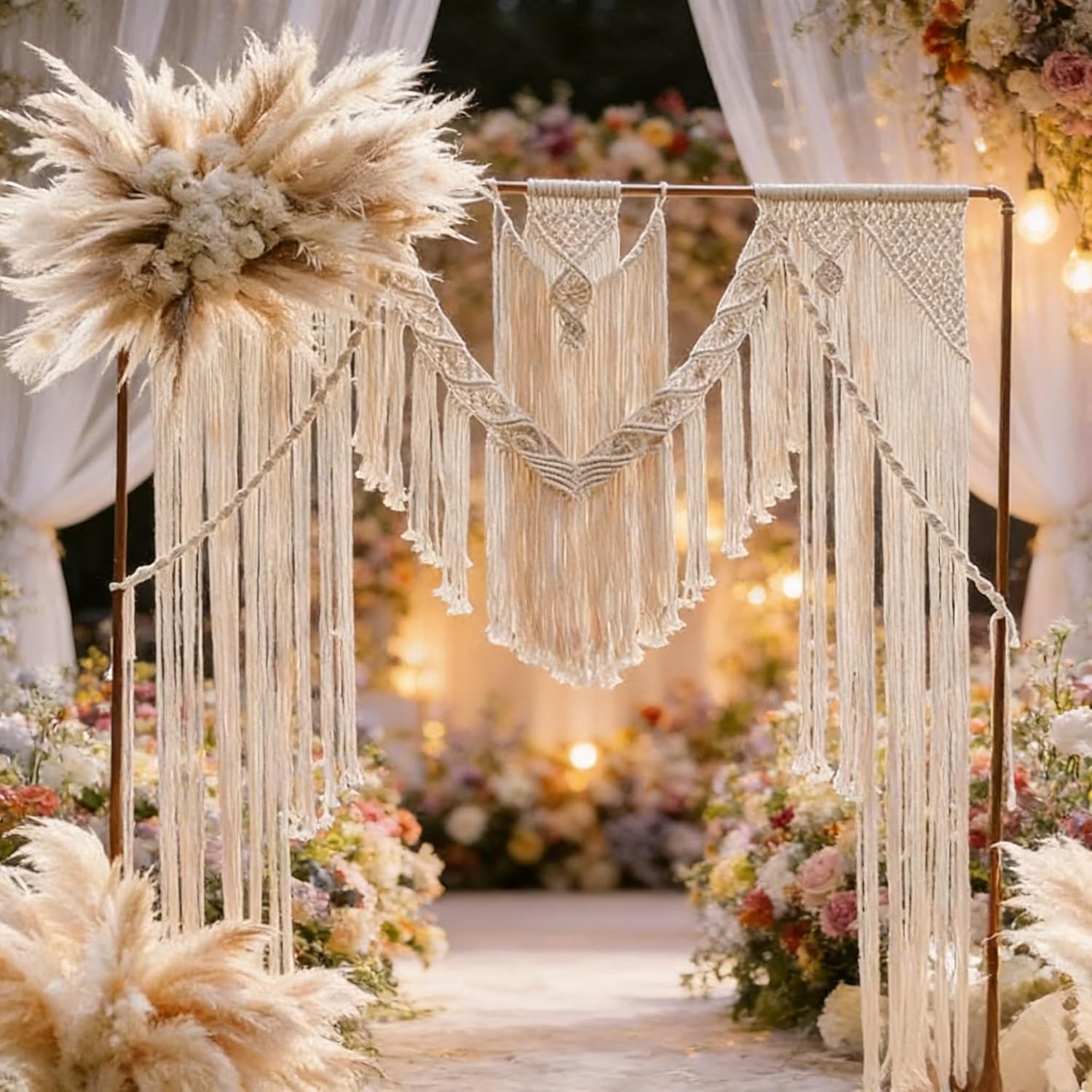 Boho Chic Macrame Curtain & Macrame Arch Bohemian Macrame Wedding Backdrop Decor Home Geometric Fiber Art Decor 59''W*78''L