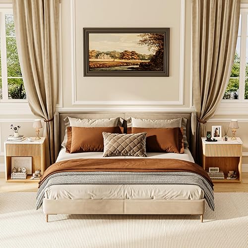 Miniatura 8 de Juego de 2 mesitas de noche acanaladas modernas para dormitorio, mesita de noche de mediados de siglo con cajón y estante abierto, mesa auxiliar de