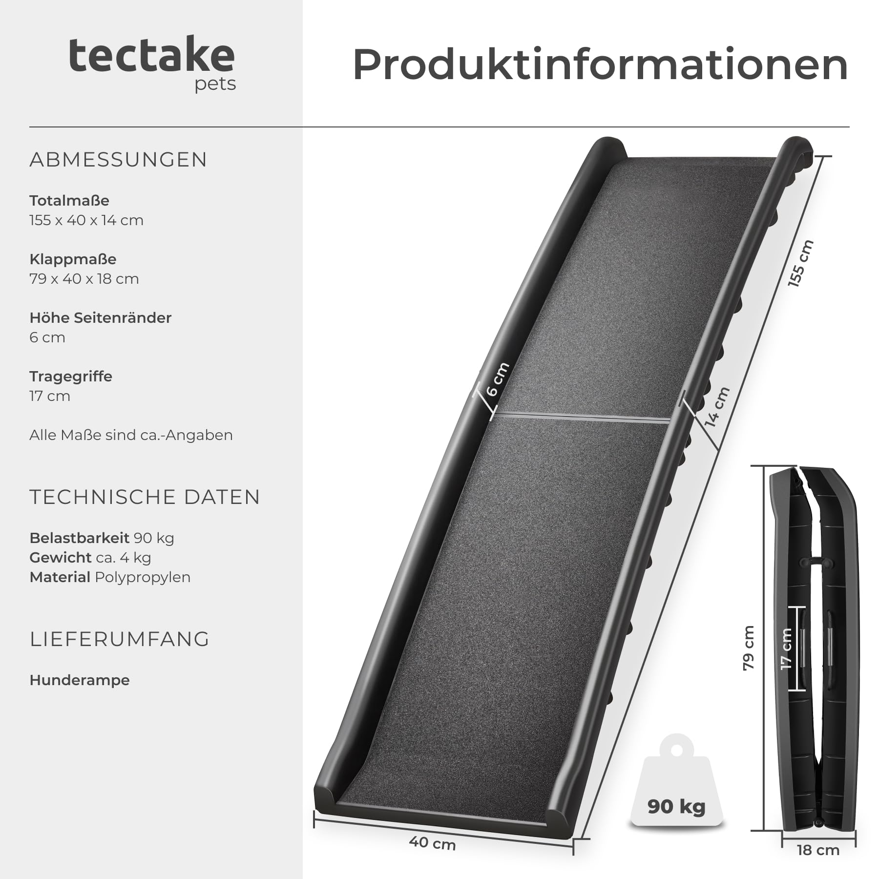 tectake® Hunderampe, klappbar und rutschfest, bis 90kg, Hunderampe Auto mit Kofferraumschutz, Haustiertreppe für Bett, Sofa und Treppen, Autorampe, Einstiegshilfe für PKW