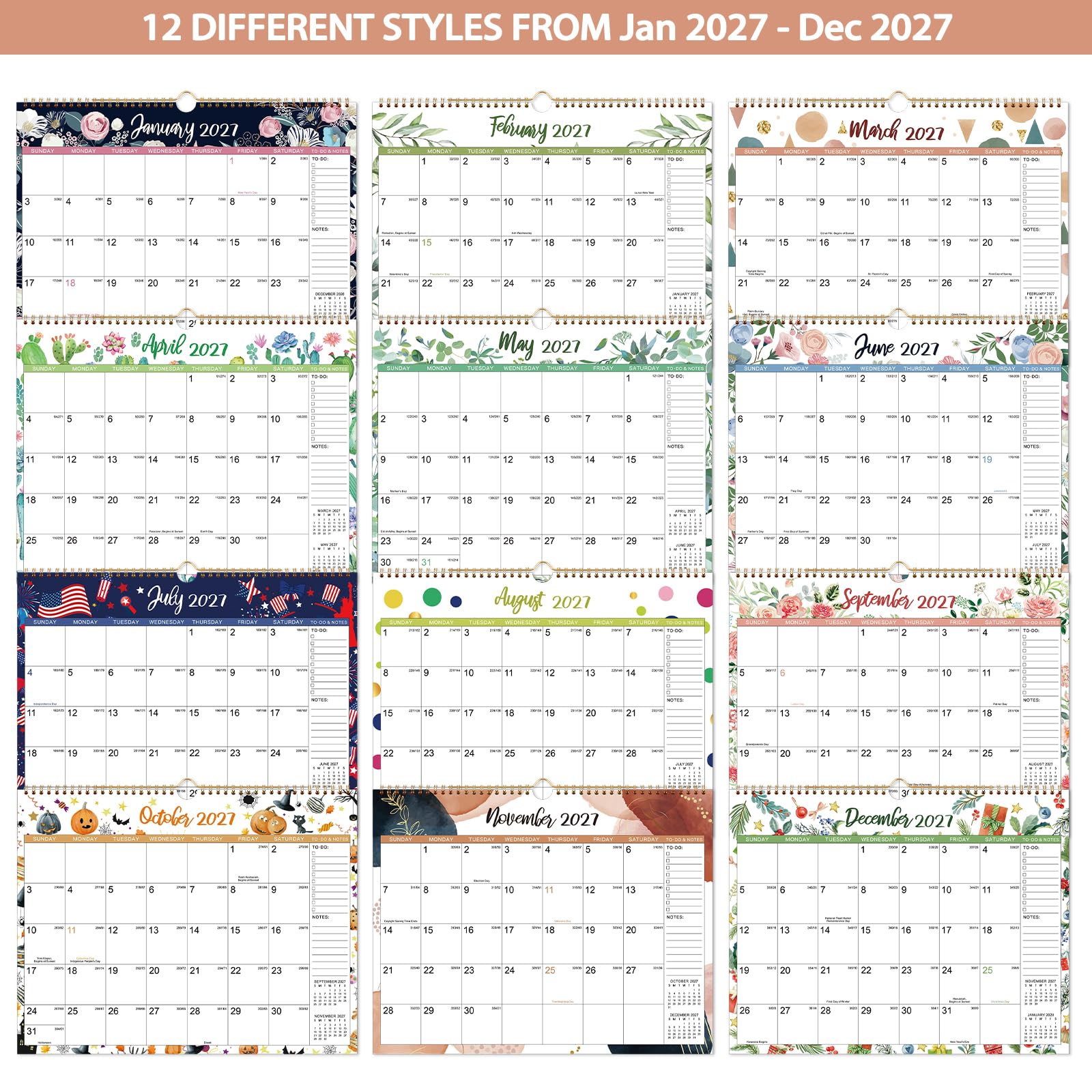 Kalender 2026 - Wandkalender 2026, Wandkalender 12 Monate, Januar 2026 - Dezember 2026, 38,1 x 29,2 cm, Doppeldrahtbindung + Haken zum Aufhängen + dickes Papier + Julianische Daten - Floral