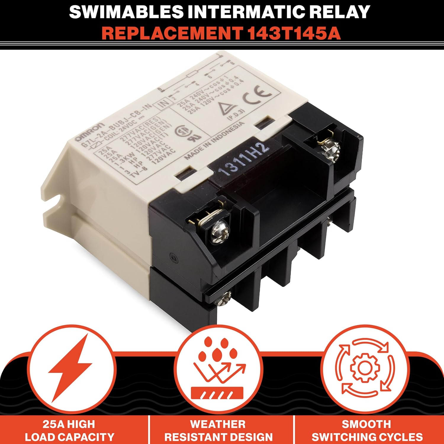 Swimables 143T145A Intermatics Relay Replacement - 24V DC DPST, 25A High-Load Pool Equipment Relay Compatible with Pool Timers & Automation Systems for Pumps, Heaters, Lights & Water Features