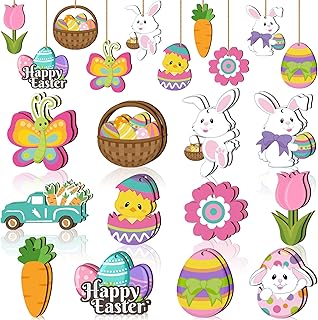 24 Pieces Spring Easter Wooden Ornaments Happy Easter Cutouts Embellishments Cute Holiday Decorations with Strings Hanging Ornaments for Easter Tree Party Home Classroom Decor (Bunny Egg Flower)