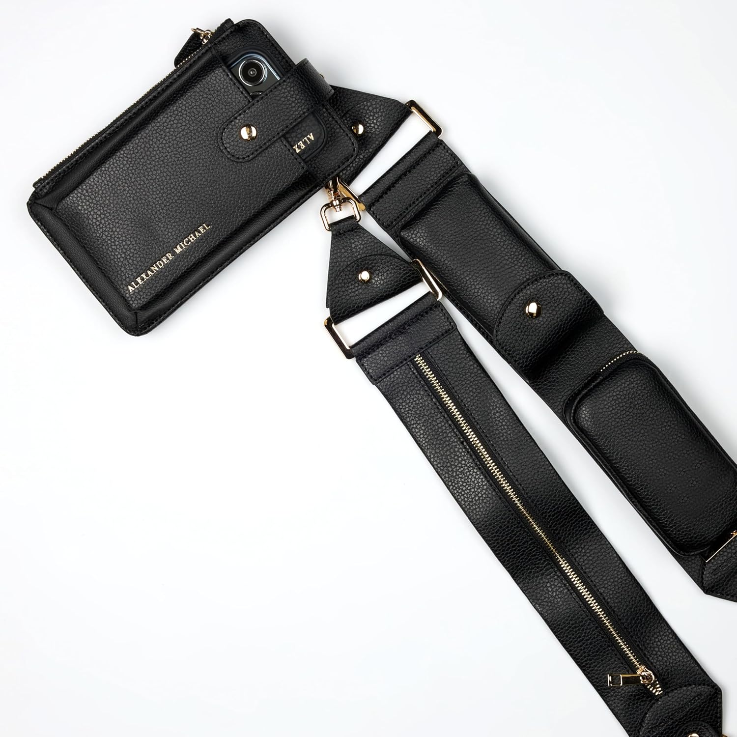 Alexander Michael Multi-Purpose Functionality Strap and Universal Phone Holder Set. Suitable for Every Type of Phone, Purse, Handbag, and Luggage (Black, One Size)