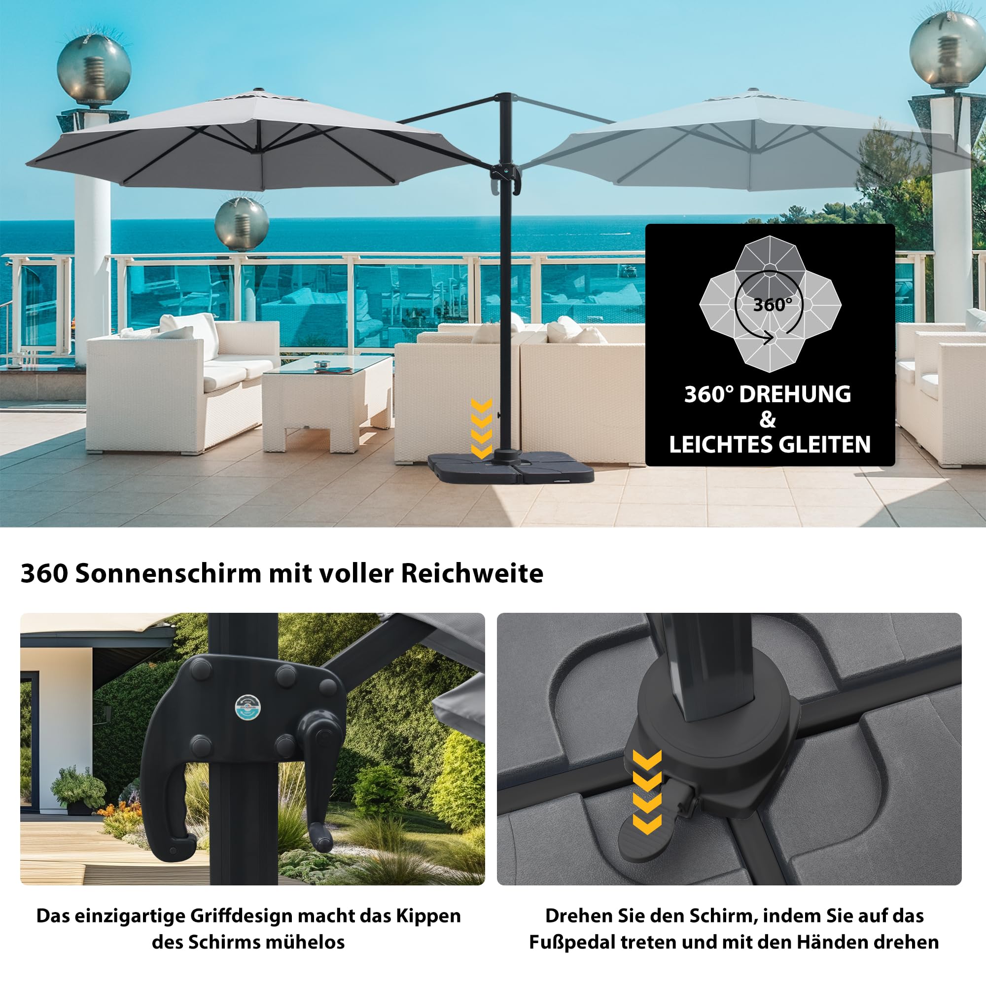 paramondo parapenda Sonnenschirm Ampelschirm aus 230 g/㎡ Polyesterfaser, Rund, Ø 3,5 m, 360° Schwenkbar, Kurbelbedienung, Grau, Stahl-Standkreuz und Gestell in Anthrazit, 20.6kg