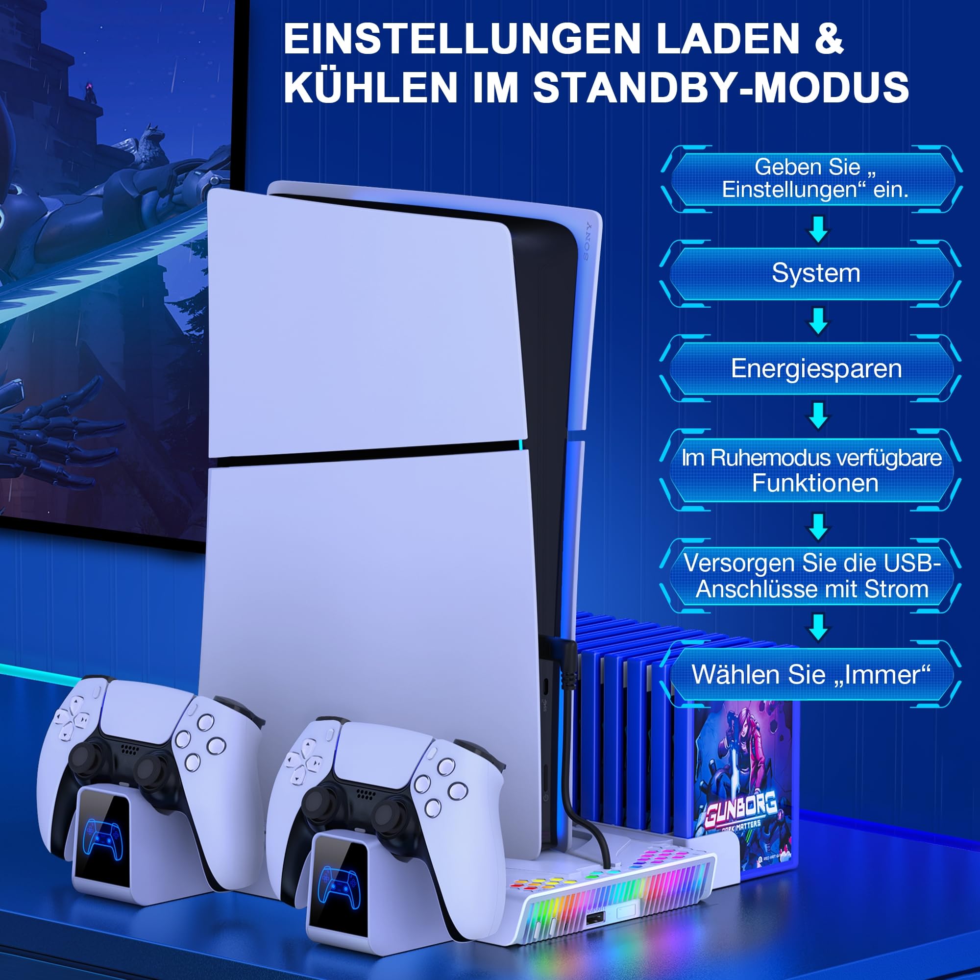 PS5 Ständer für PS5 Slim Konsole Neu, PS5 Standfuß mit 3-Stufig Kühler Lüfter Schnelle Abkühlung/PS5 Controller Ladestation/14 Spiele Aufbewahrung, PS5 Ständer für PS5 Slim Disc & Digital Konsole