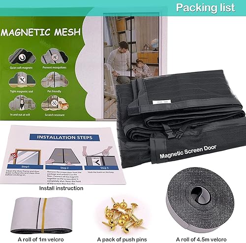 Miniatura 6 de Puerta de pantalla magnética de 49 x 80 pulgadas, autosellable, fácil de instalar, puertas de malla resistentes con imanes, retráctiles y