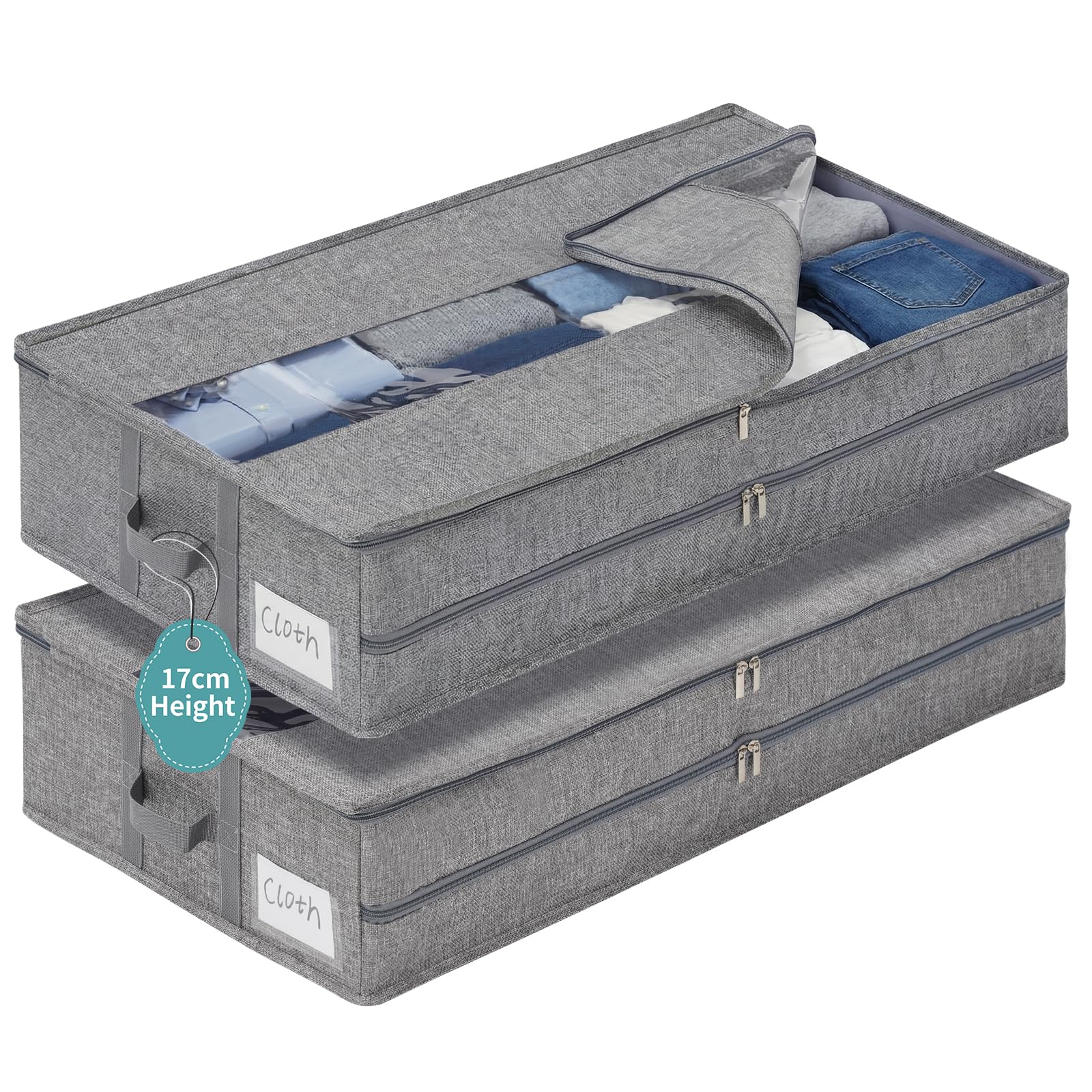 GARPROVM Unterbett Aufbewahrungsbox 2er Set 76x40x17cm, Formstabile Unterbettkommode mit Mittel-Reißverschluss & Sichtfenster, Platzsparende Unterbettbox für Bettdecken Kleidung Bettwäsche