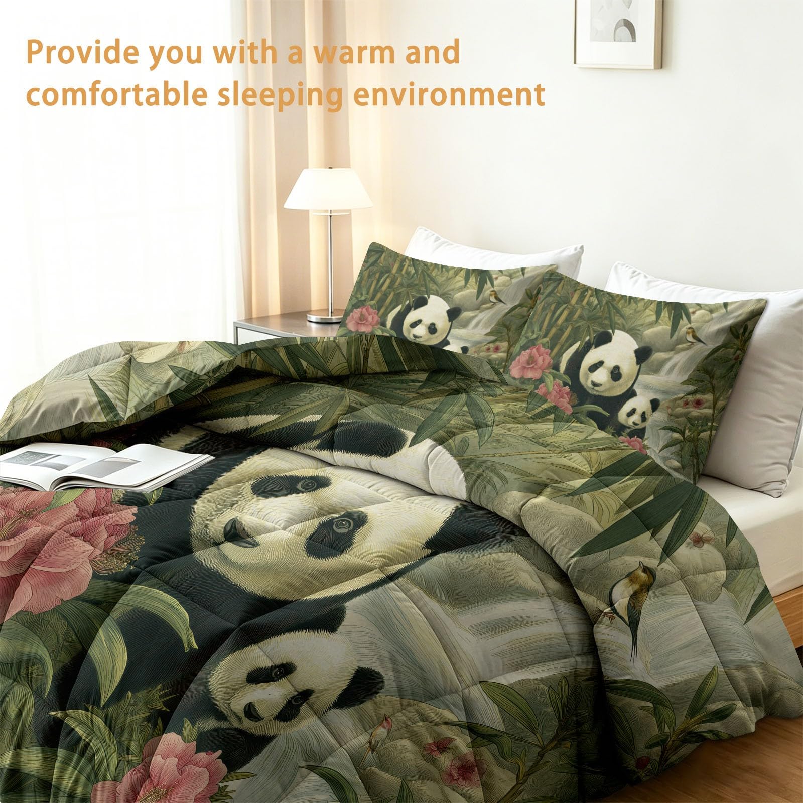 Edredón sin funda de edredón de 200 x 200 cm, edredón de verano con funda de almohada de 80 x 80 cm, diseño de panda y bosque de bambú verde esmeralda, juego de cama para habitación infantil, animales