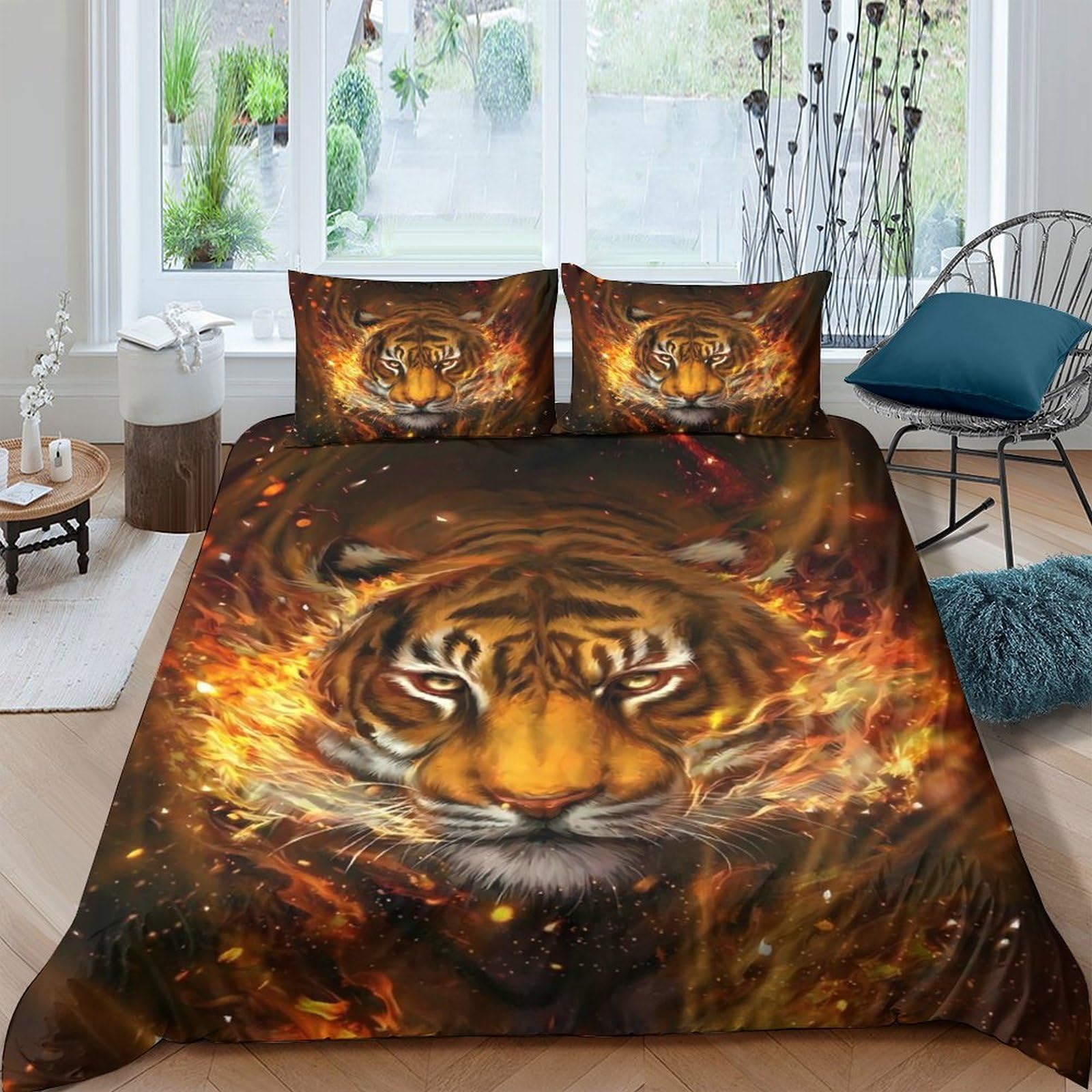 Ctjqhvkz Style-10 3D Printed Fiery Tiger Fitted Sheet Microfiber Soft Decorative Wild Animal Bed Cover For Bedroom Dorm Mattress Protection Single（135X200cm）