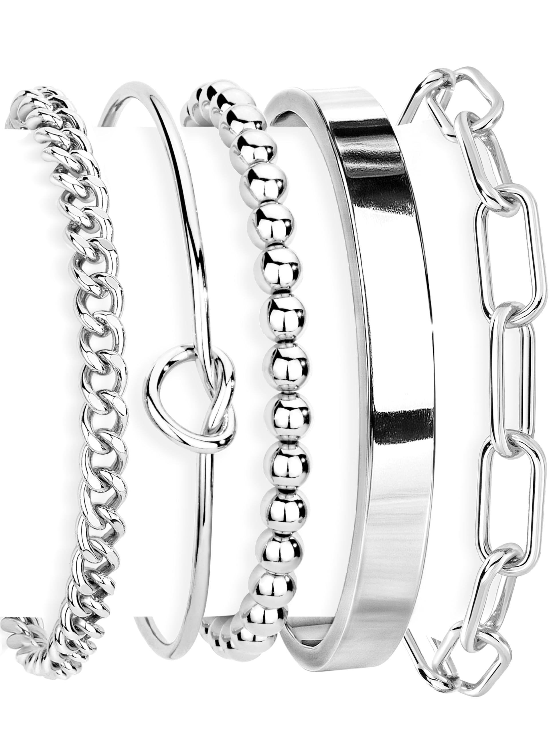 Gokeey Gold Bracelets Set for Women Non Tarnish, Waterproof 14K Gold Plated Sterling Silver Chunky Cuff Bracelet Stackable Gold Bangles Bracelet for Women Trendy Fashion Accessories Tie Knot Cuban Rope Paperclip Beaded Bracelet Stack Jewelry Mothers Day Gifts for Mom Birthday