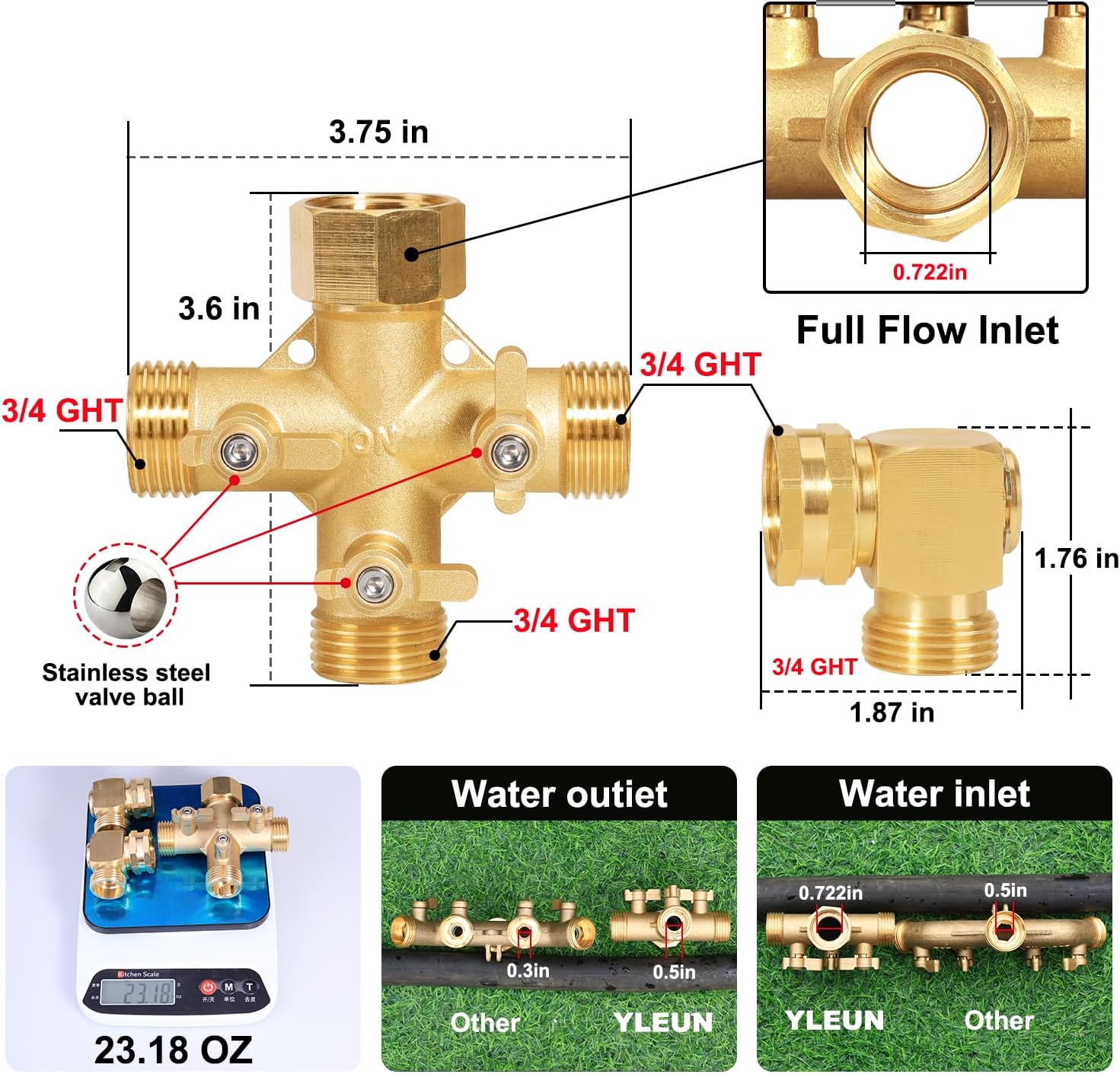 Garden Hose Splitter High Flow Splitter with Swivel elbow Connect Brass Hose Splitter with Shut Off Valves 3 way Hose Bib Adapter (with Swivel elbow)