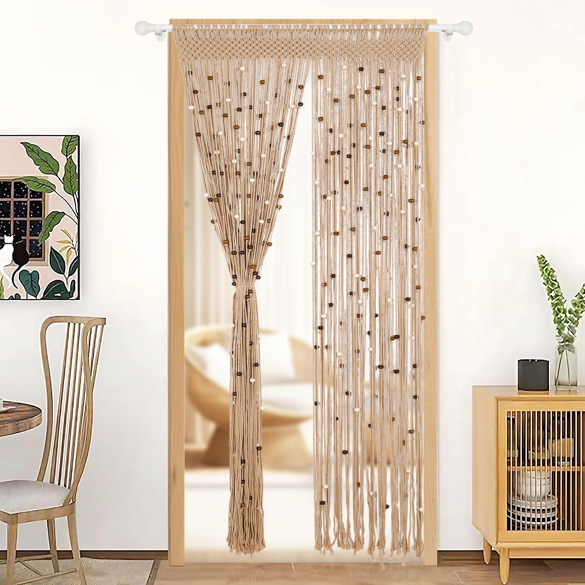 BECHAEO Rideau de perles en macramé fait à la main en coton pour porte, fenêtre, perles en bois et pompons à suspendre, séparateur de pièce, couloir, placard, chambre à coucher, décoration d'intimité,