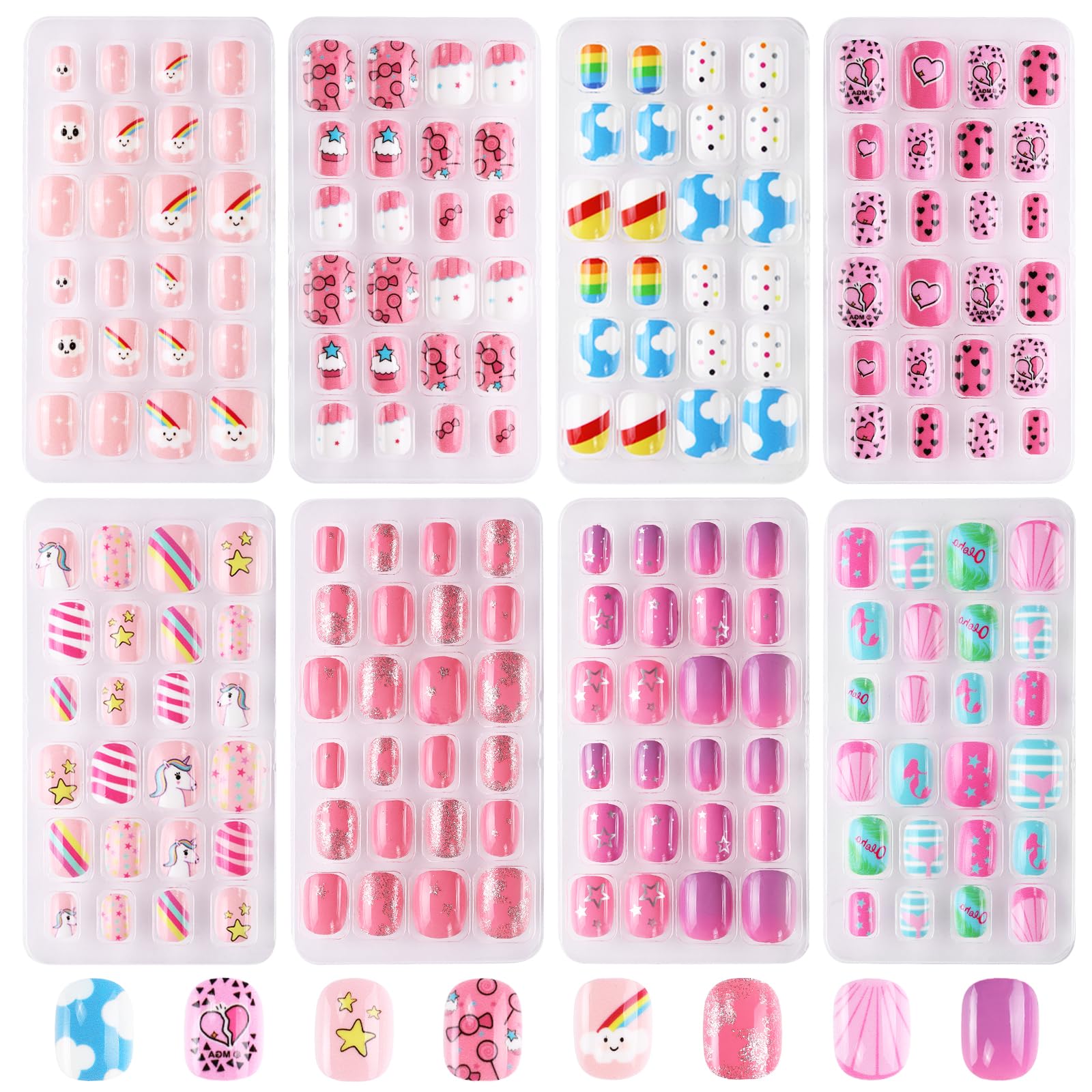 192Pc short Press on Nails for Kids,8 Packs Children Stick on Nails Fake Nails for Kid,Pre-glue Full Cover Colorful Unicorn Flamingo Cloud Patterns 7-12 Years Old