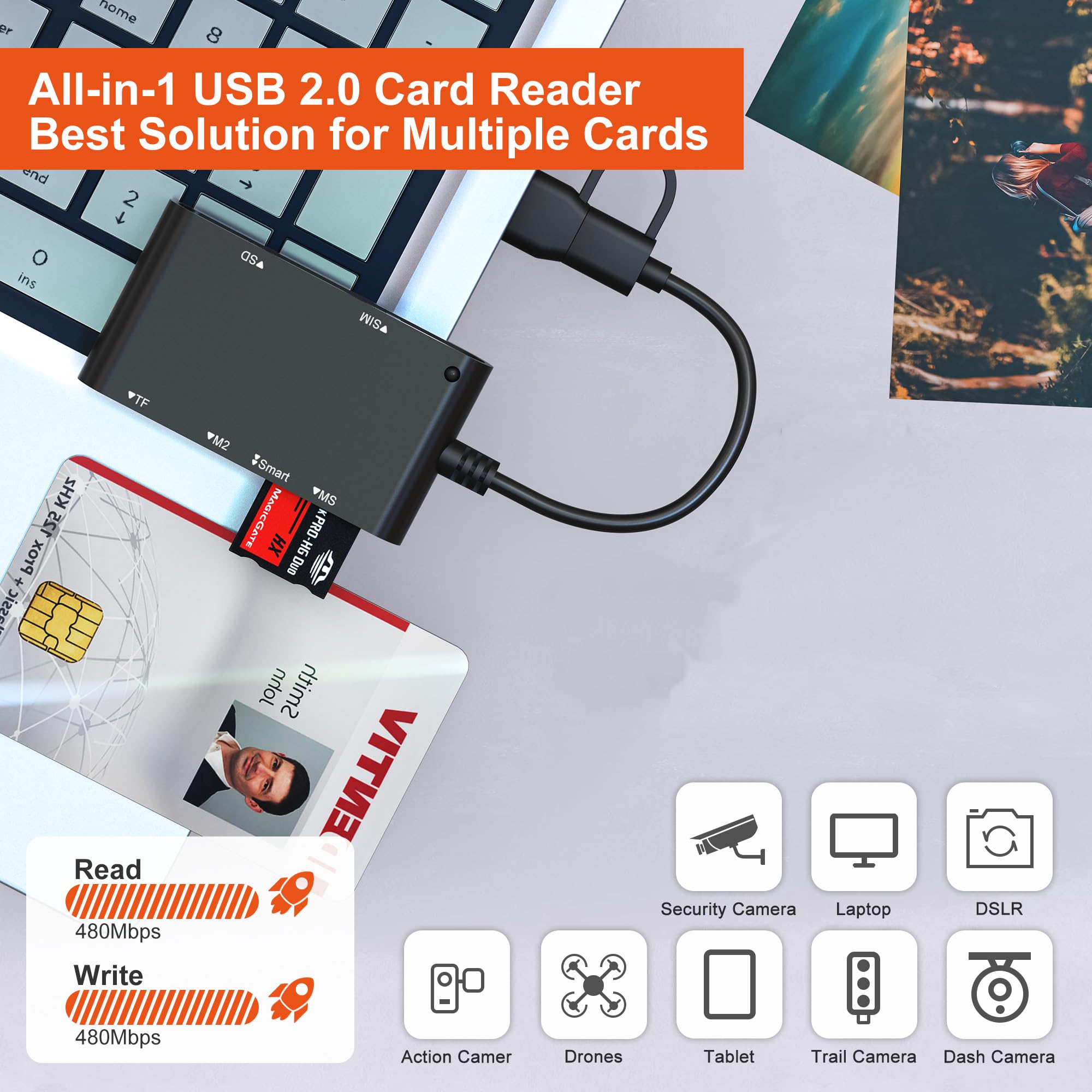 7en2 Lecteur Carte Identité Belge Compatible MicroSD, SD, MMC, SIM, M2, Memory Stick Pro Duo Pour Signature Électronique, DNI, Carte de Santé, eID Belgique