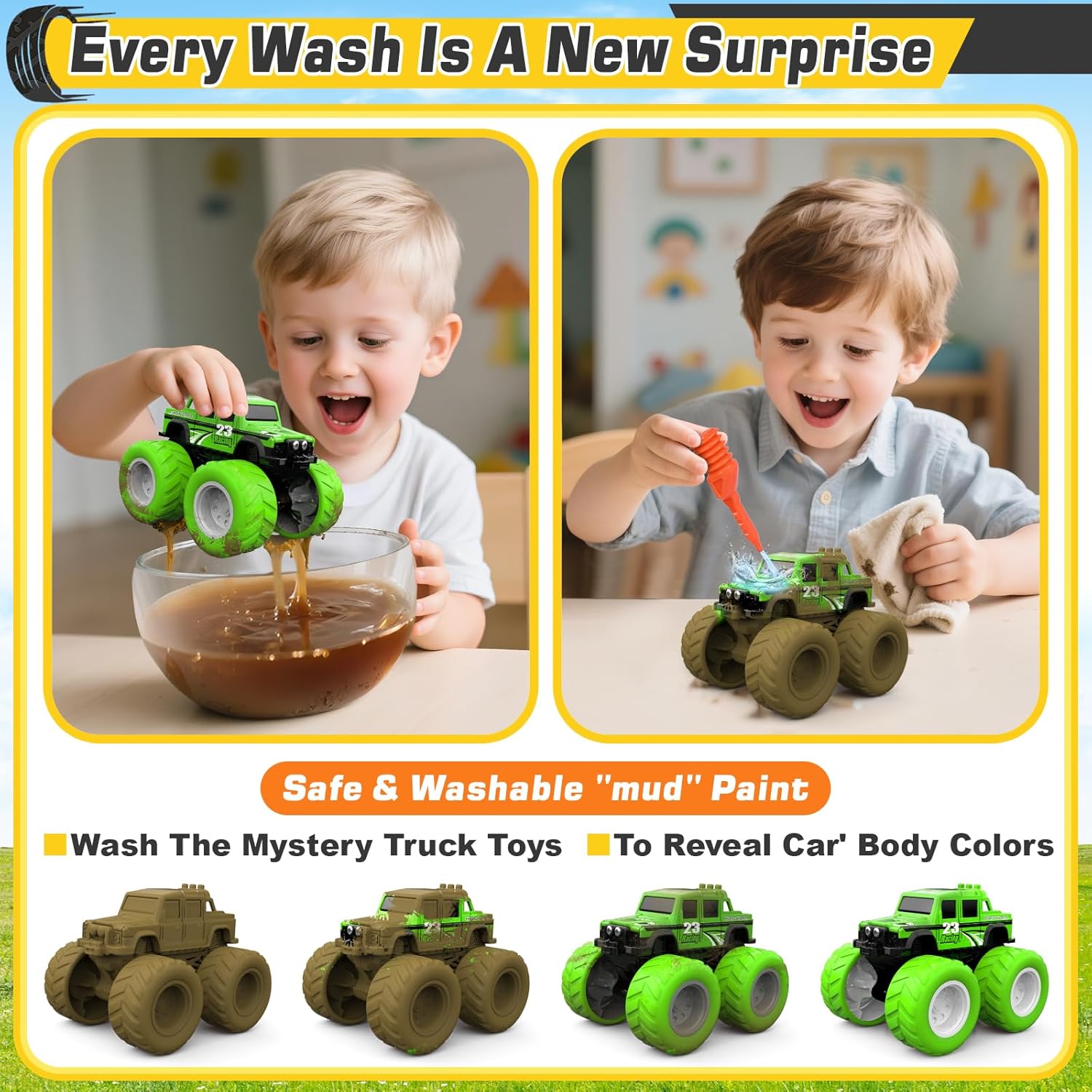 Monster Truck Toys for 3, 4, 5, 6, 7 Year Old Kids, Wash to Reveal Monster Trucks for Toddlers, 4 Pack Toy Trucks with Realistic Mud Paint, Ideal Birthday for Boys Grils 3-5 6-8