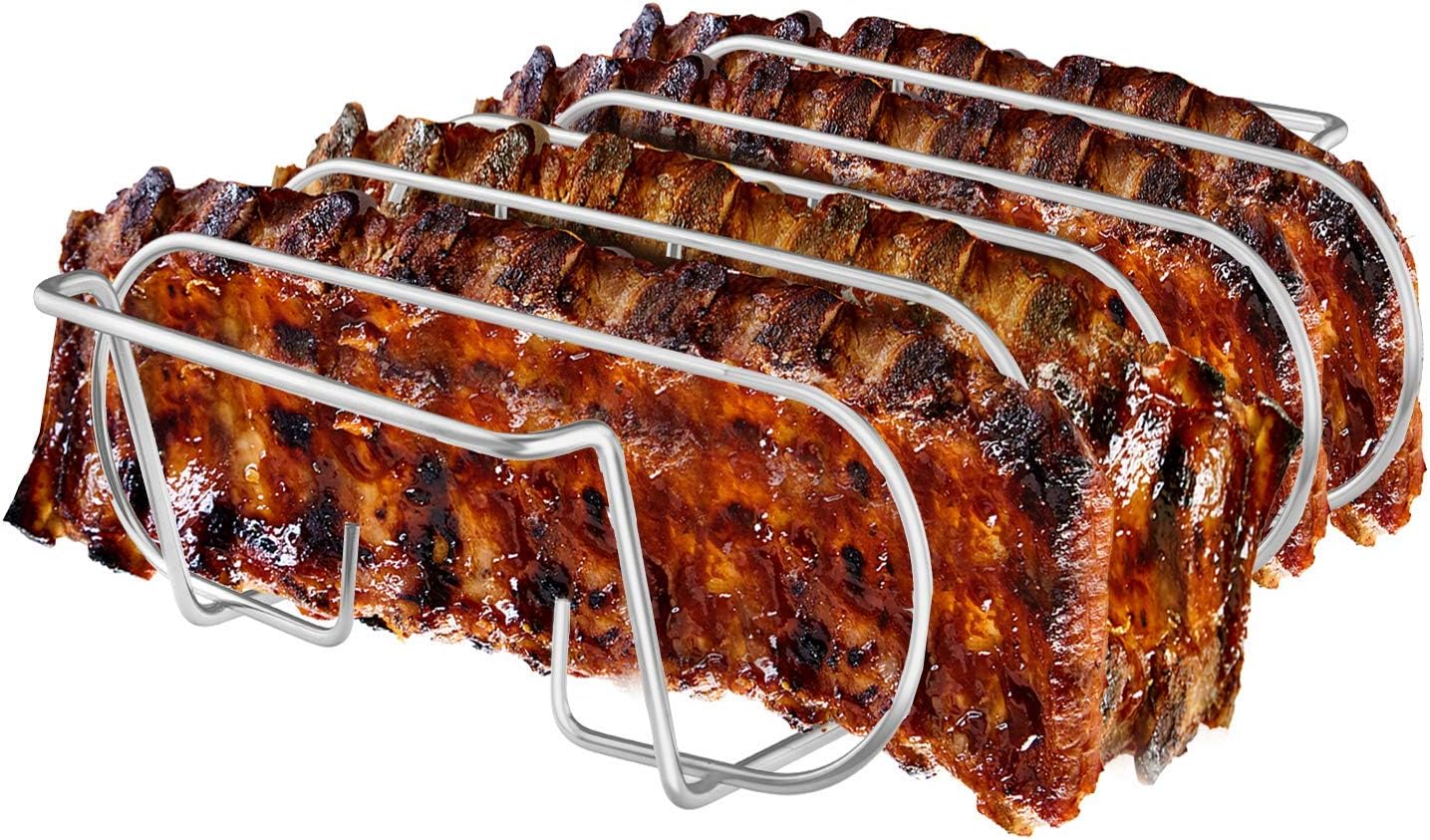Stainless Steel Roasting Stand, Holds 4 Ribs for Grilling Barbecuing & Smoking - BBQ Rib Rack for Gas Smoker or Charcoal Grill