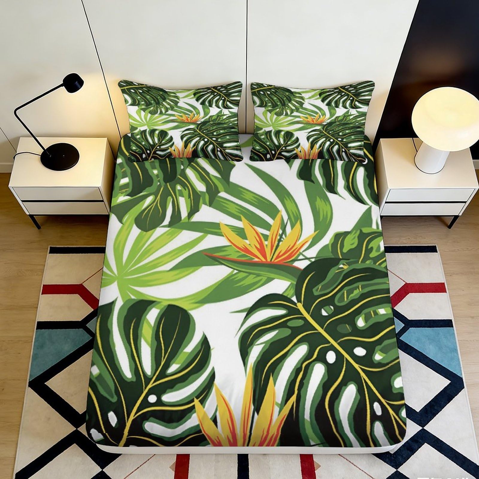 Jqzkxnhpbr Style-9 3D Printed Tropical Leaf Fitted Sheet Microfiber Green Botanical Bird Of Paradise Mattress Cover For Bedroom Guest Room Decor 90X200x25cm
