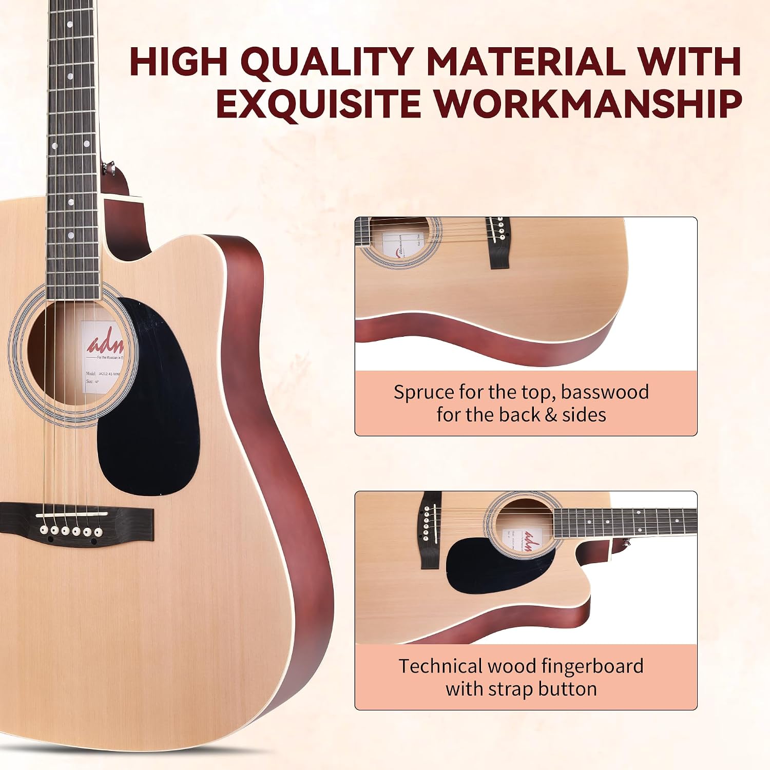  Cutaway Acoustic Guitar Kit with Free Lesson for Beginner Adult Teen Full Size Acustica Guitarra Starter Bundle Set w/Bag Strap Tuner Capo Music Stand Right Hand(Natural-Cutaway, 41 Inch) thumbnail