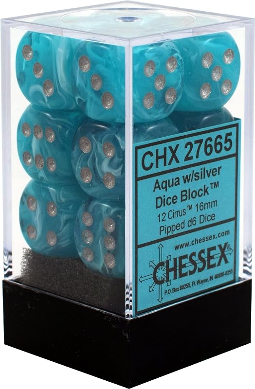 DND Dice Set-Chessex D&D Dice-16mm Cirrus Aqua and Silver Plastic Polyhedral Dice Set- for Dungeons and Dragons Dice Includes 12 Dice – D6