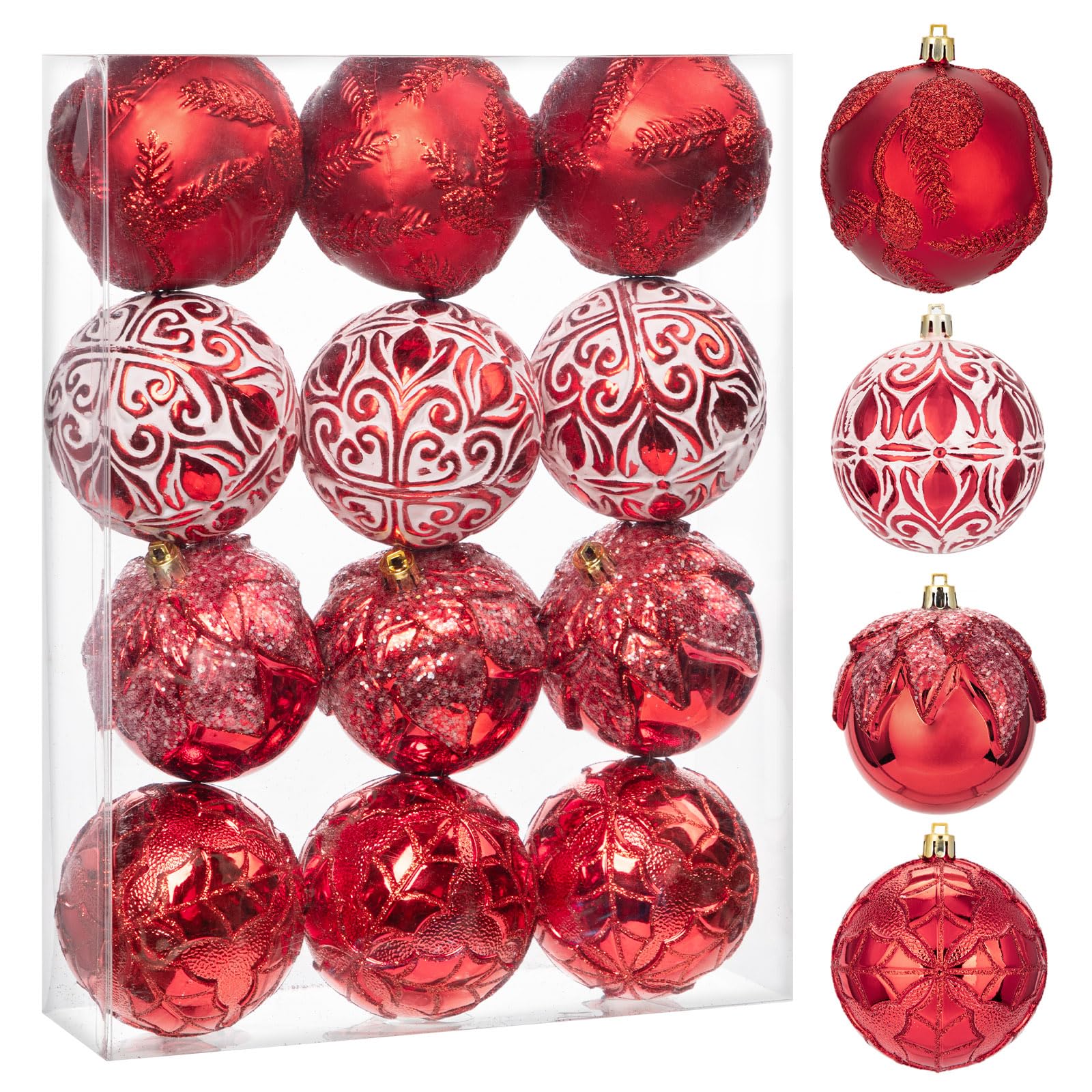 Hollyone 3.15"/80mm Red Christmas Ball Ornament 12 Pcs Shatterproof Christmas Tree Relief Ornaments Set Large Hanging Ornaments Balls for Wedding Holiday Wreath Home Decorations