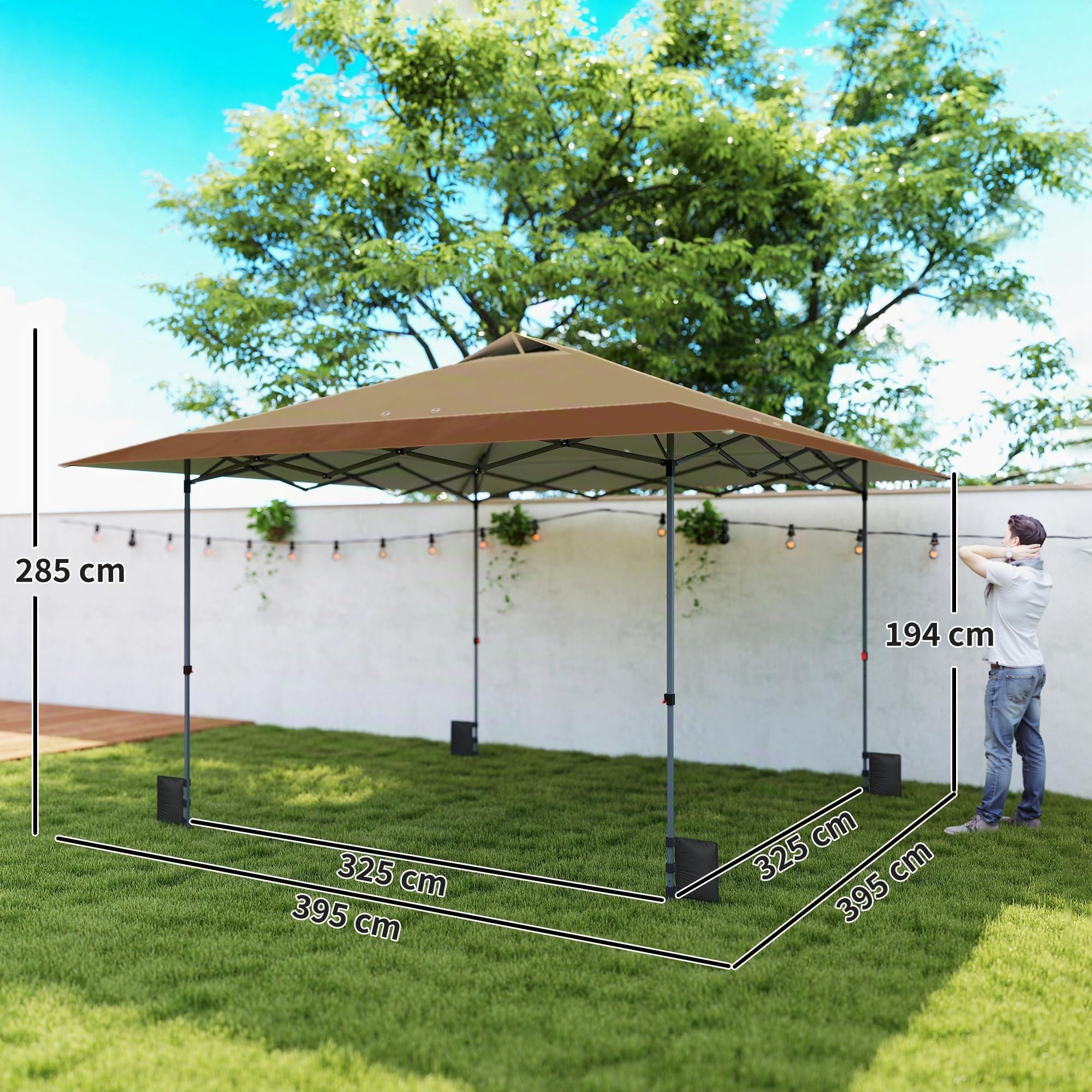 Outsunny Carpa Plegable Pop-up Gazebo 4x4 m Bloqueo Central Beige y Café | Cenador Plegable, UPF50+, Altura Ajustable, 4 Bolsas de Arena, Bolsa de Transporte con Ruedas, Camping, Fiestas