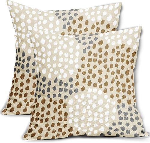 Juego de 2 fundas de almohada de color marrón y blanco de 18 x 18 pulgadas, fundas de almohada bohemias de lunares grises con estampado moderno y