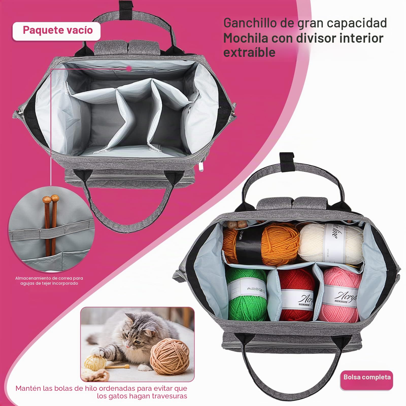 Coopay Bolsa de Punto Multifunción, Bolsa de Ganchillo de Viaje con 6 Agujeros, Gran Bolsa de Almacenamiento de Hilo para Proyectos Inacabados, Accesorios de Punto y Ganchillo (Gris)