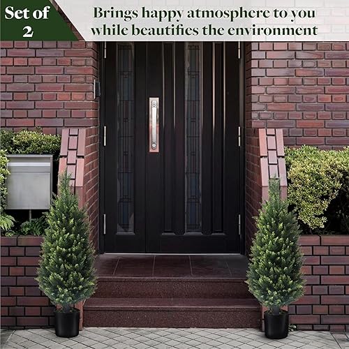 Miniatura 2 de Árbol topiario artificial – Paquete de 2 árboles topiarios artificiales de cedro de 37 pulgadas, arbustos en maceta con protección UV para puerta
