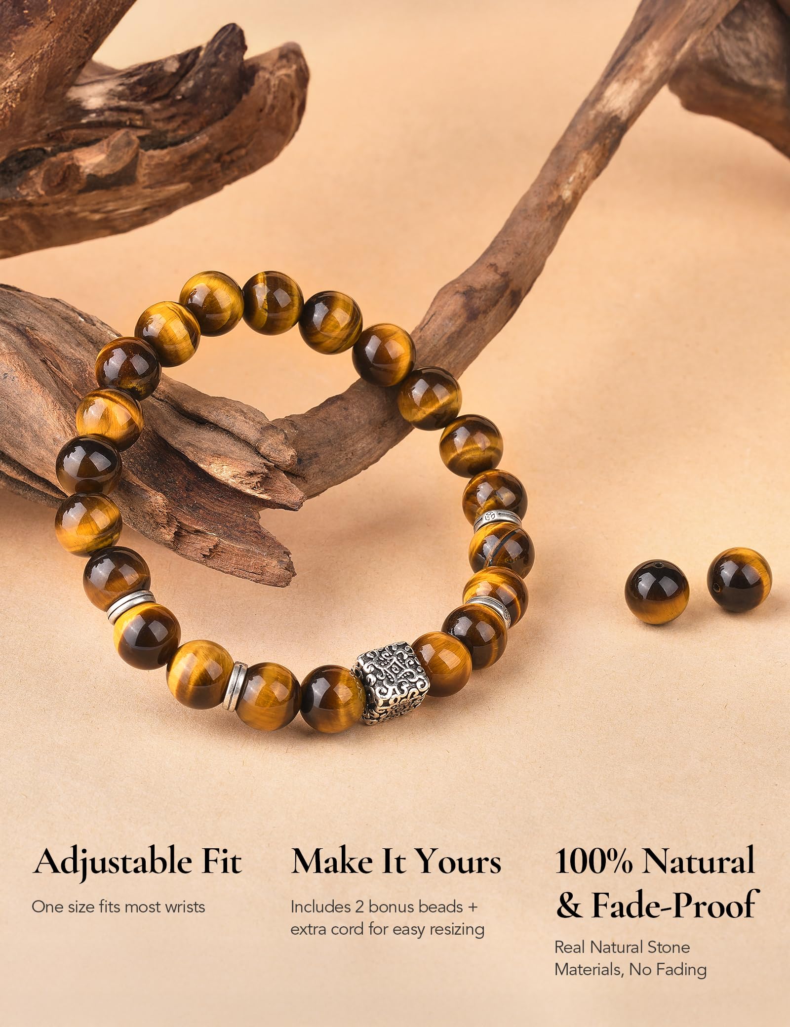 King Will Pulsera elástica de perlas de piedra natural para hombre, 10 mm – 12 mm, ajustable, regalo para hombres