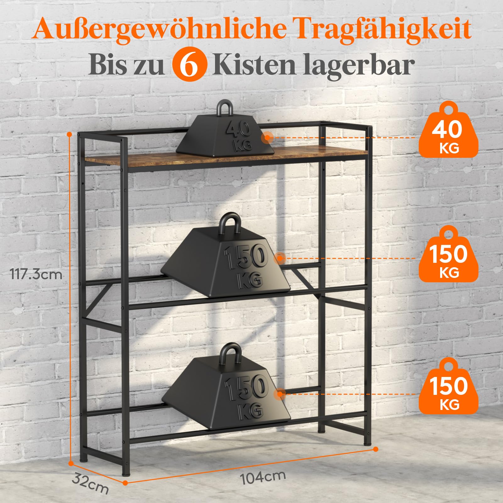 Lifewit Getränkekistenregal mit Ablage für 6 Kisten, Kistenregal Metall trag. 340 kg, 32D x 104W x 117,3H cm Freistehend Kistenständer Getränkeregal Wasserkistenregal Bierkistenregal, Rustikales Braun