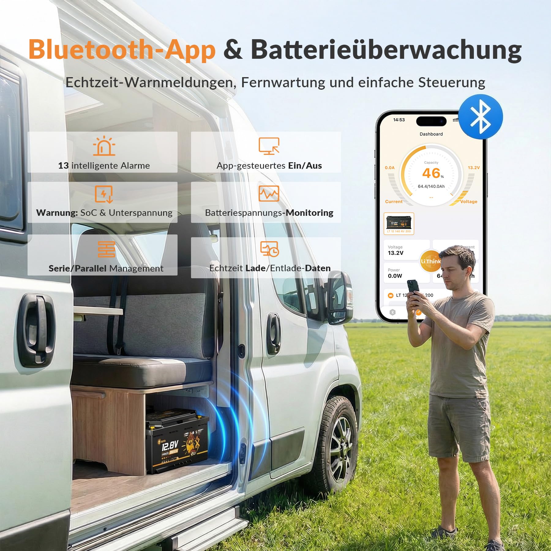LiFePO4 12V 140Ah H190 Lithium Batterie Bluetooth mit 200A BMS LTP&Heizfunktion DIN H8 L5 Größe, 1792Wh Lithium Batterie Autobatterie für Wohnmobil,Wohnwagen,Boot CB/IEC 62619 ECE R10