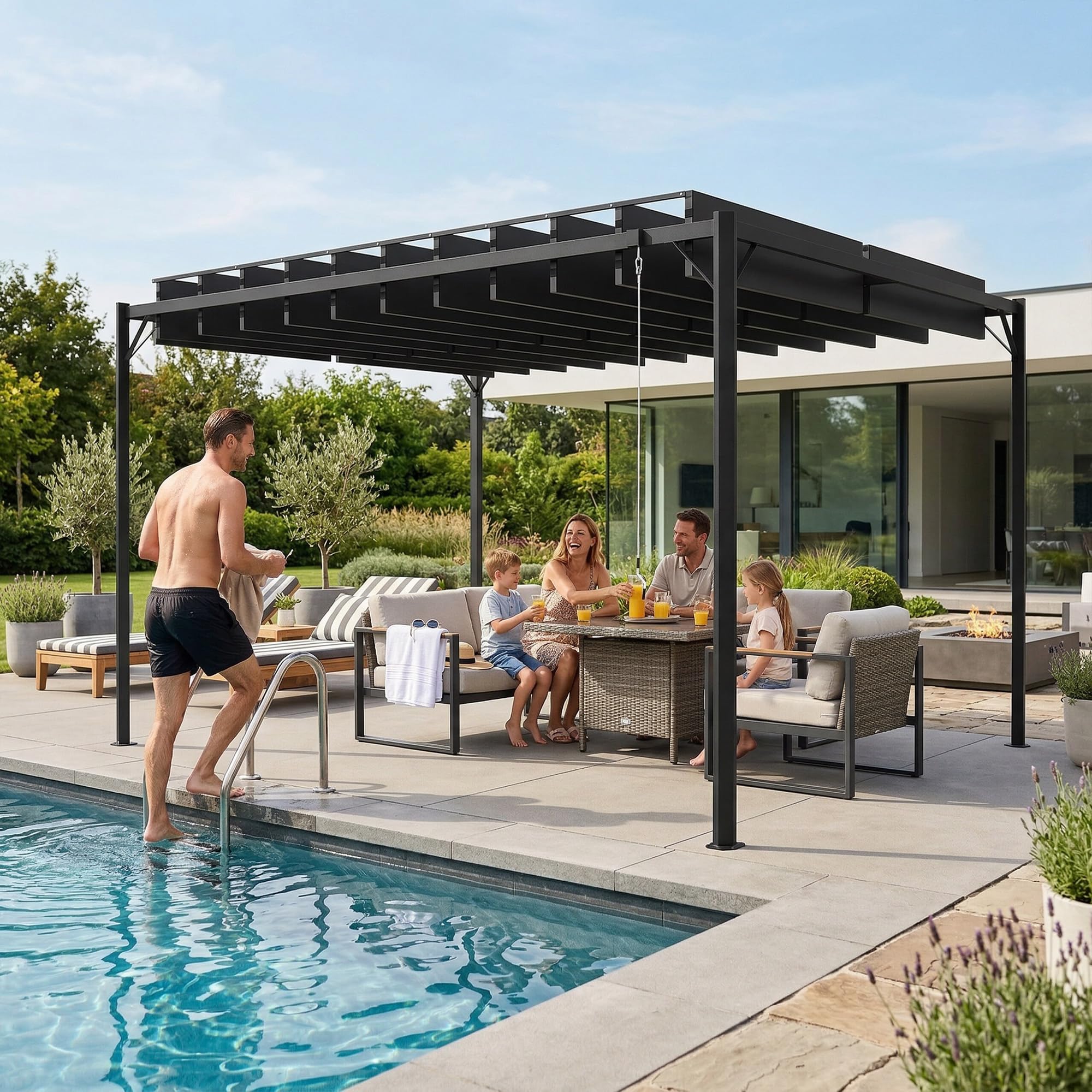 Outsunny Pérgola de Jardín 3x4 m, Cenador de Jardín con Techo de Lamas Orientables, Estructura de Metal, Protección UPF50+, Pabellón para Exterior, Patio, Terraza, Gris Oscuro — view 8