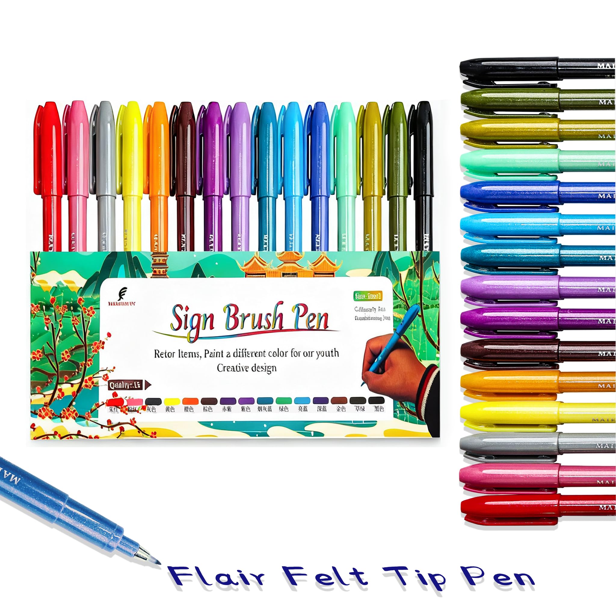 Felt Tip Pens, 15pcs Calligraphy pen Flair Pens Fine Point(0.4mm) Assorted Colors, Sign Brush Pen Art Brush Marker, Journaling Pen Set for Beginners Adult Hand Lettering Calligraphy