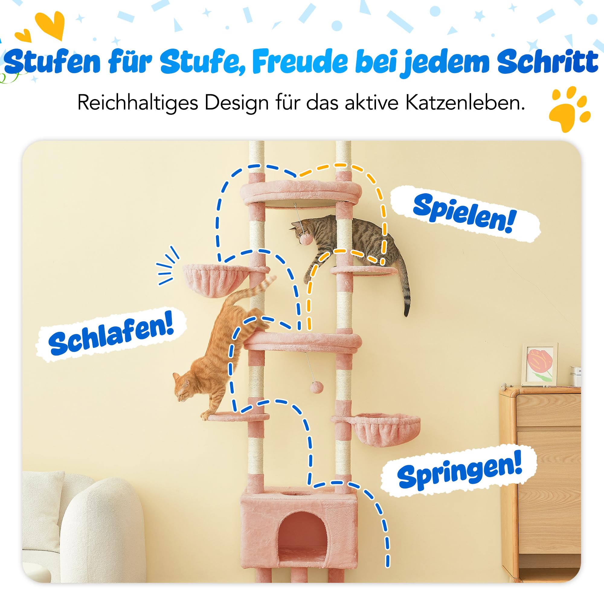 Árbol rascador para gatos rosa con altura ajustable de 235 – 258 cm, 7 pisos, escalador y casa de juegos con columna rascadora, cómoda cesta para dormir y hamacas para gatos de apartamento