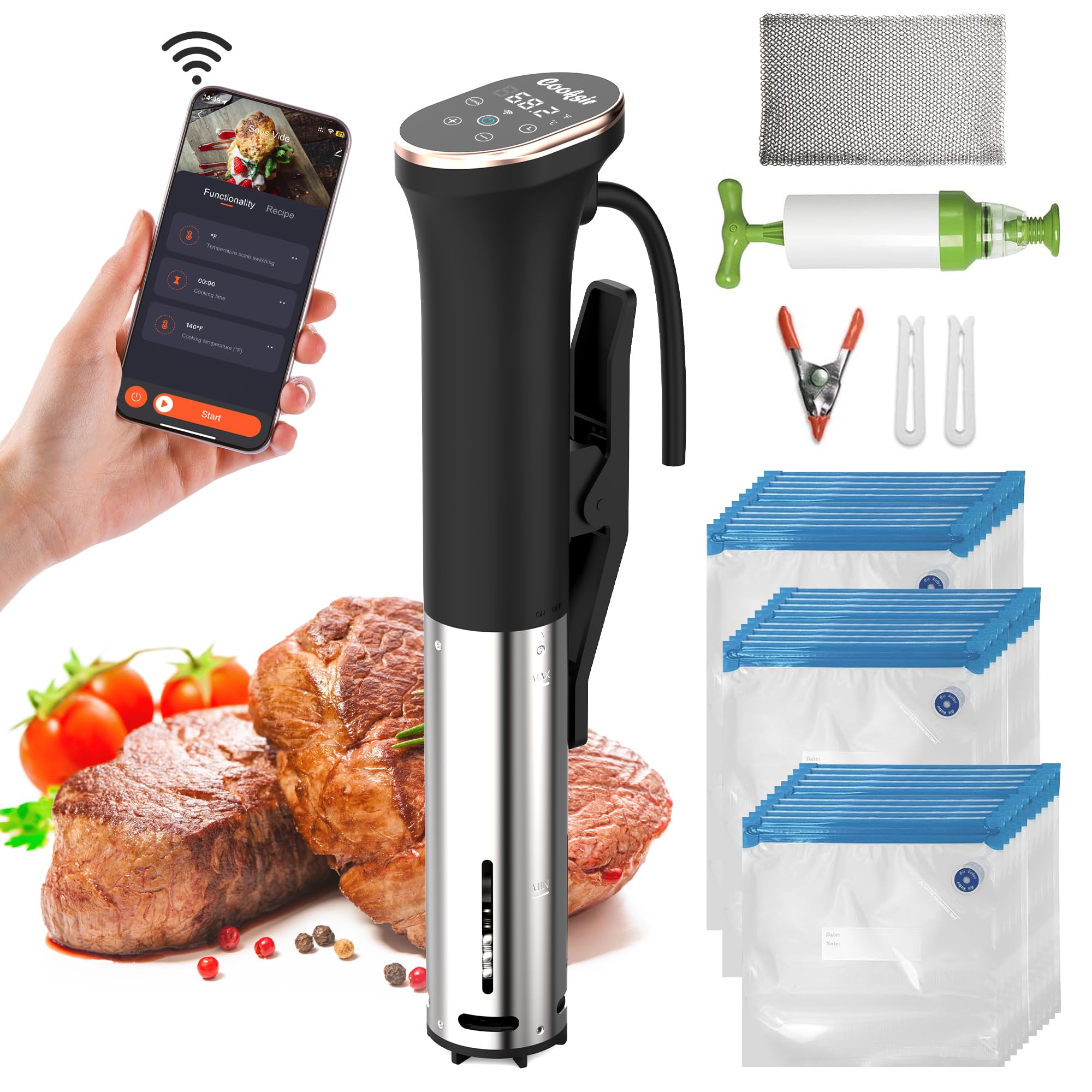 Sous Vide Roner Cocina Baja Temperatura, LED, 1400W, carcasa de acero inoxidable, funcionamiento Wi-Fi y táctil, Equipado con malla de acero inoxidable y bolsa de vacío con kit de bomba,